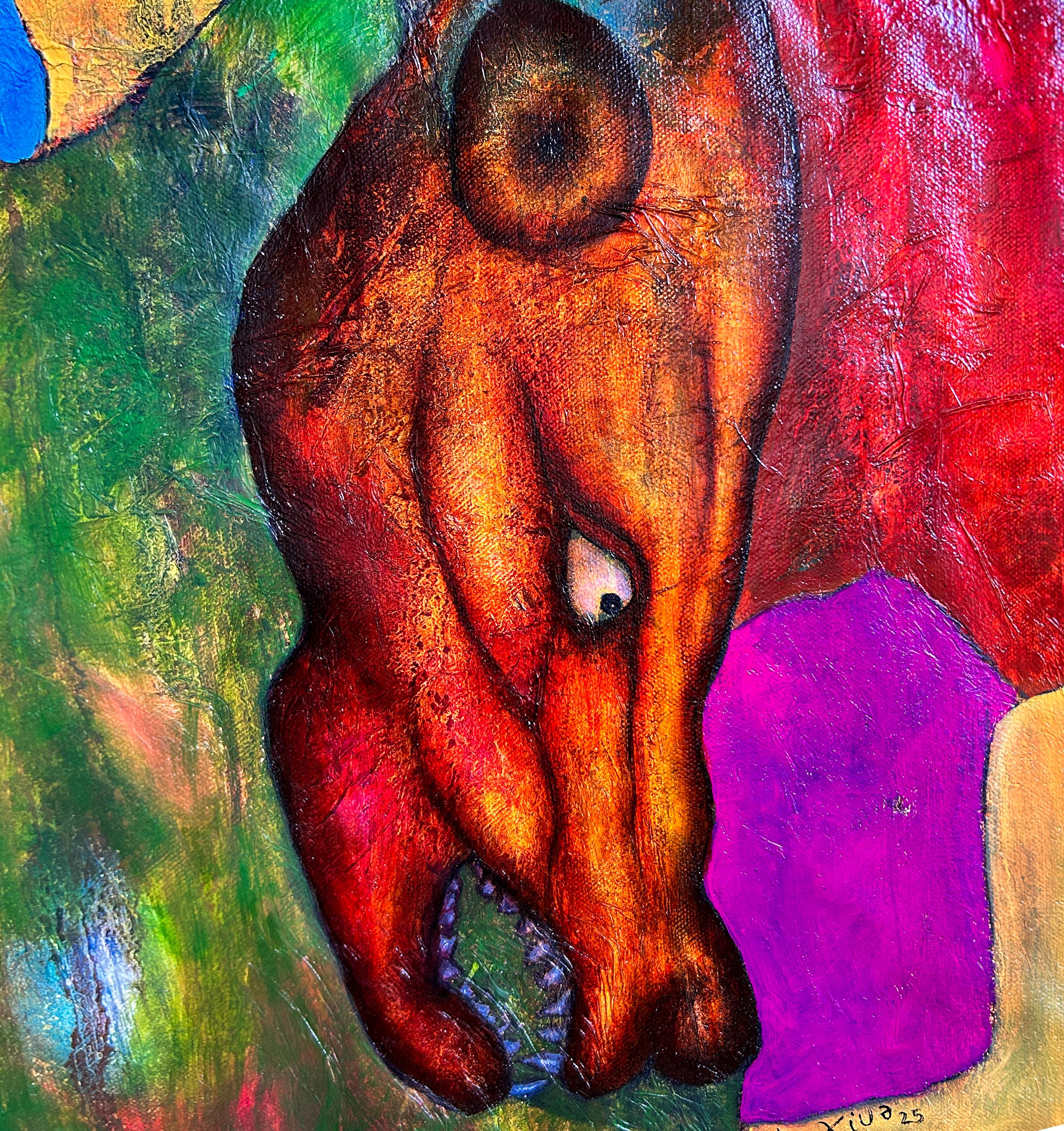 Pittura ad olio astratta con figure. 