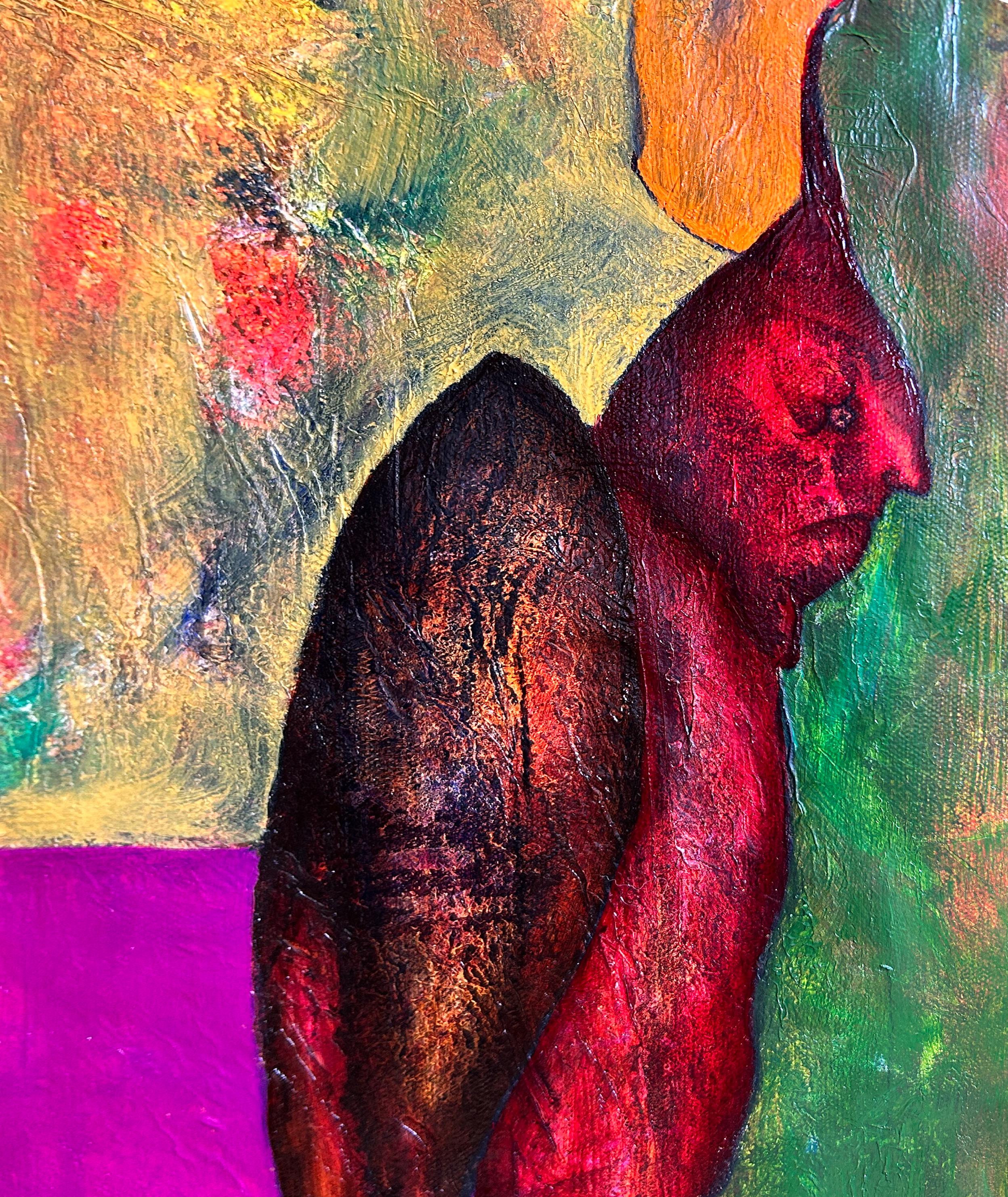 Pittura ad olio astratta con figure. 