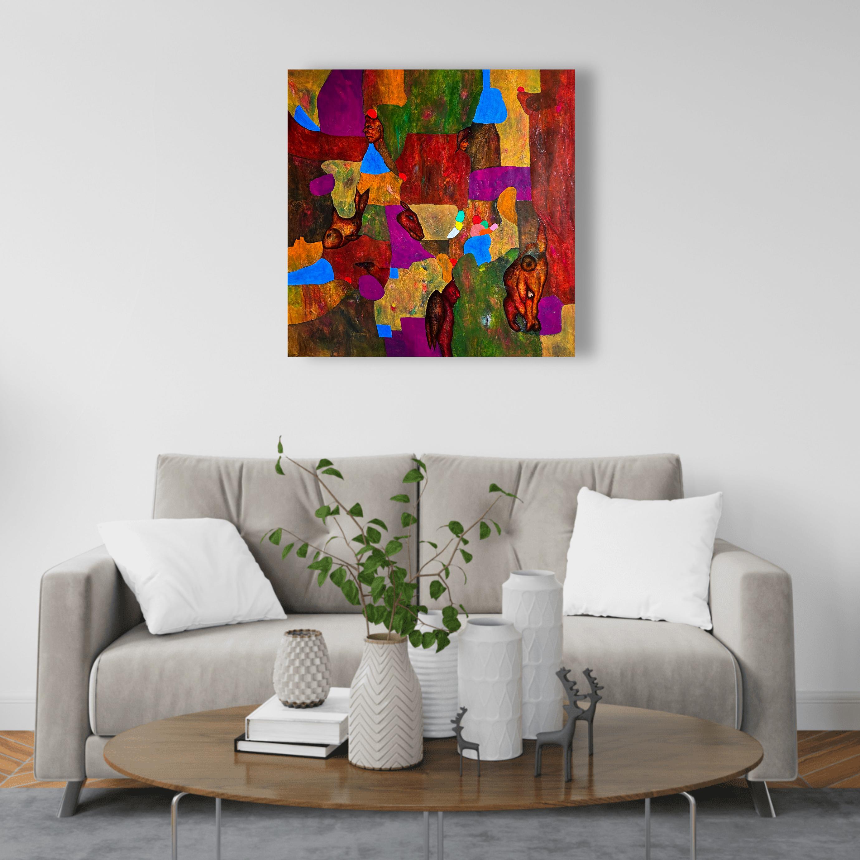 Pittura ad olio astratta con figure. 