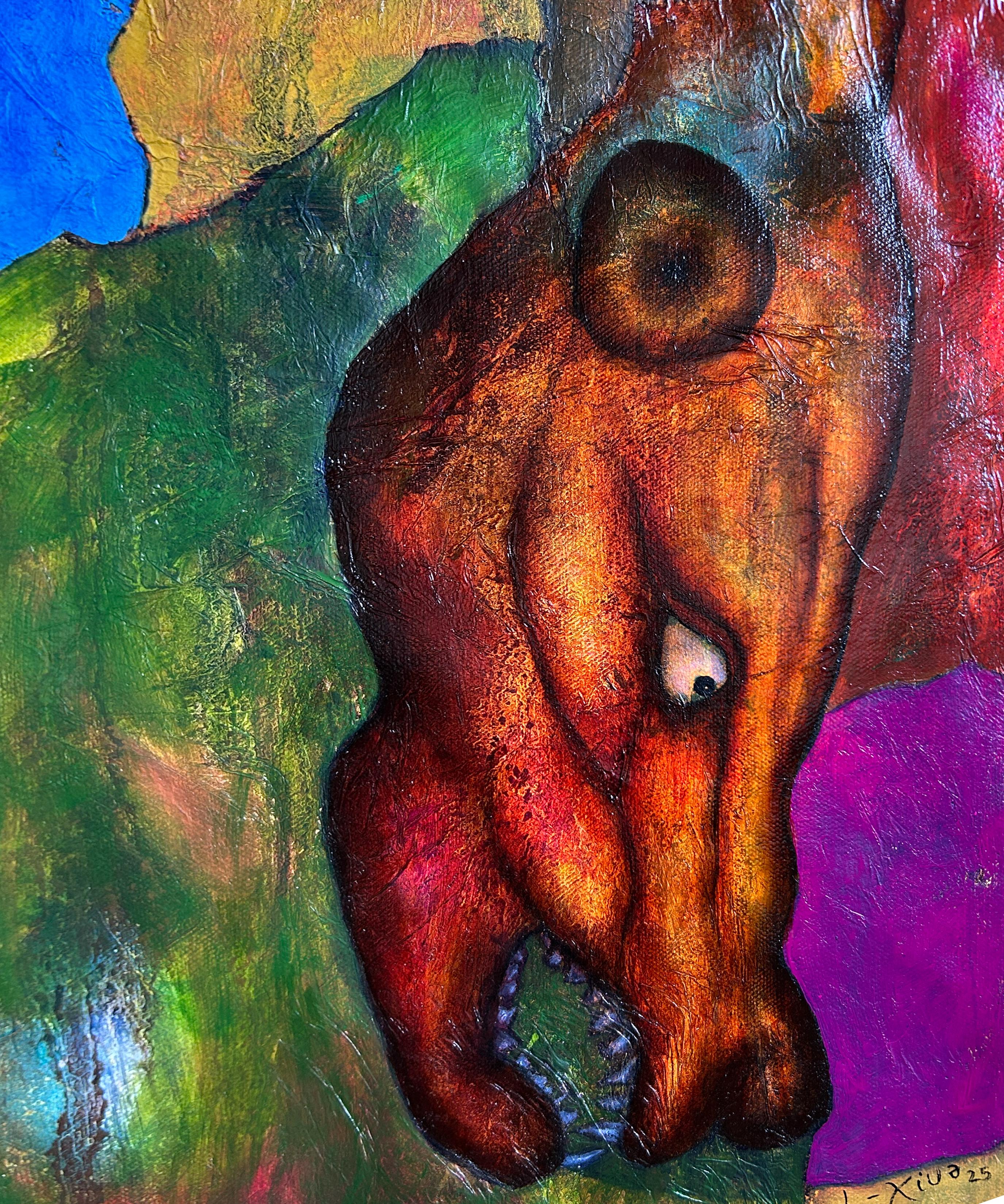 Pittura ad olio astratta con figure. 