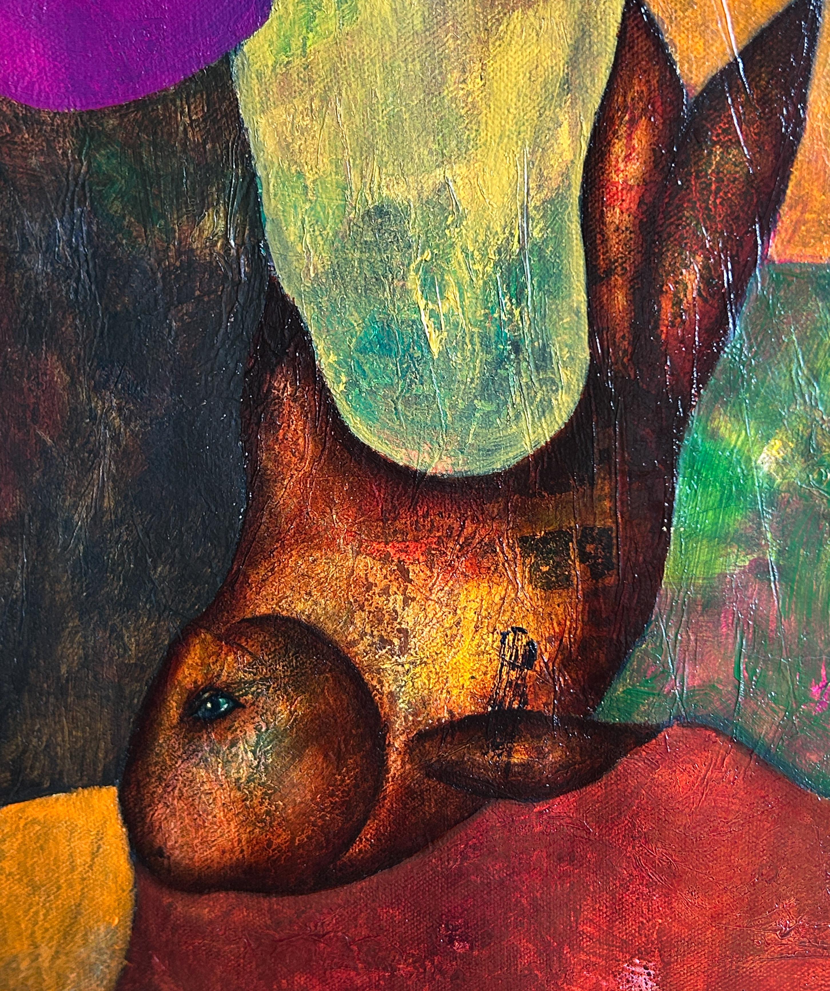 Pittura ad olio astratta con figure. 