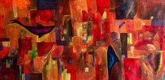 Peinture abstraite rouge et orange, avec figuration « First Came the Sea »