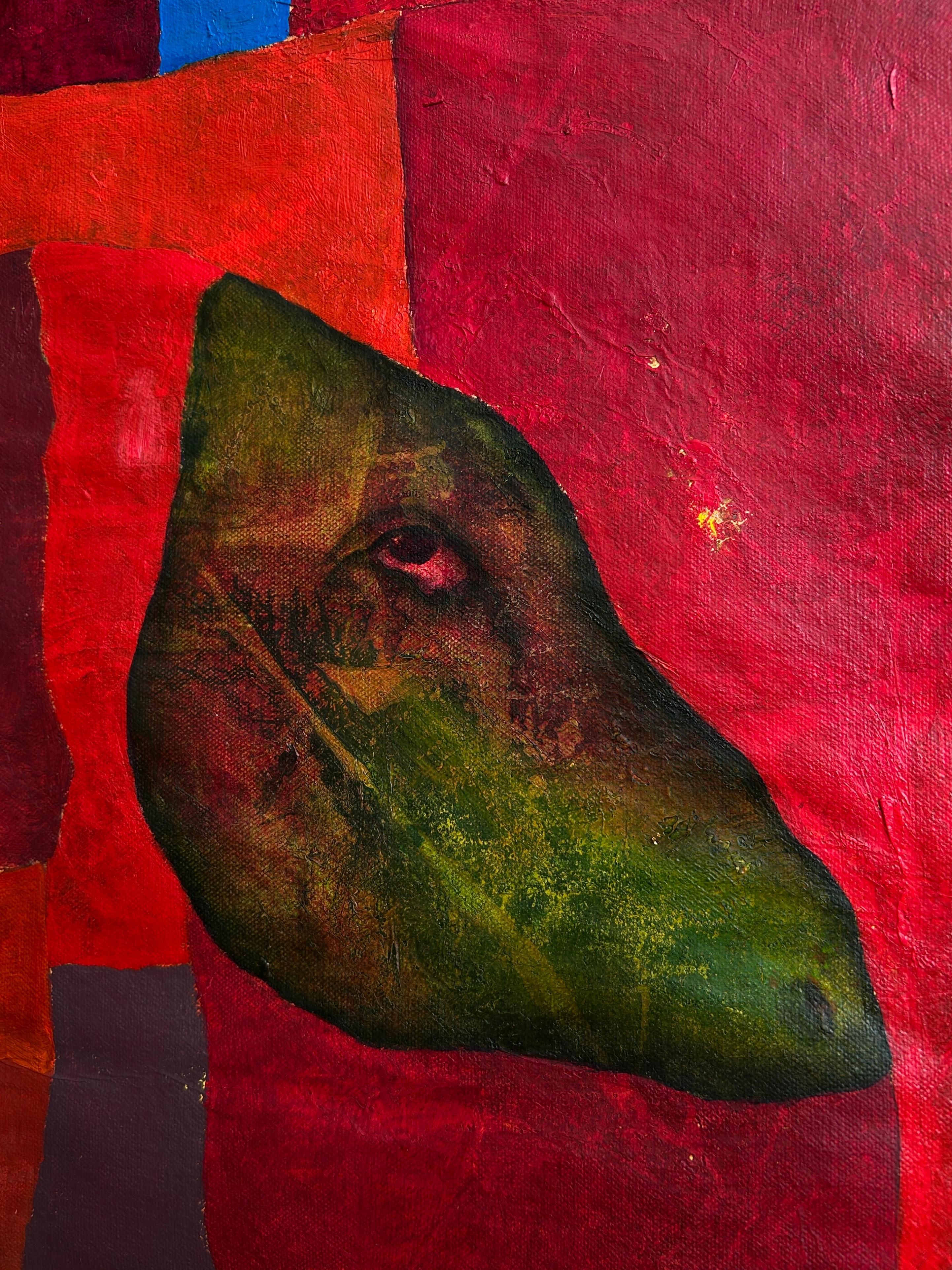 Abstrakte Malerei in rötlichen Tönen mit Figuration. 