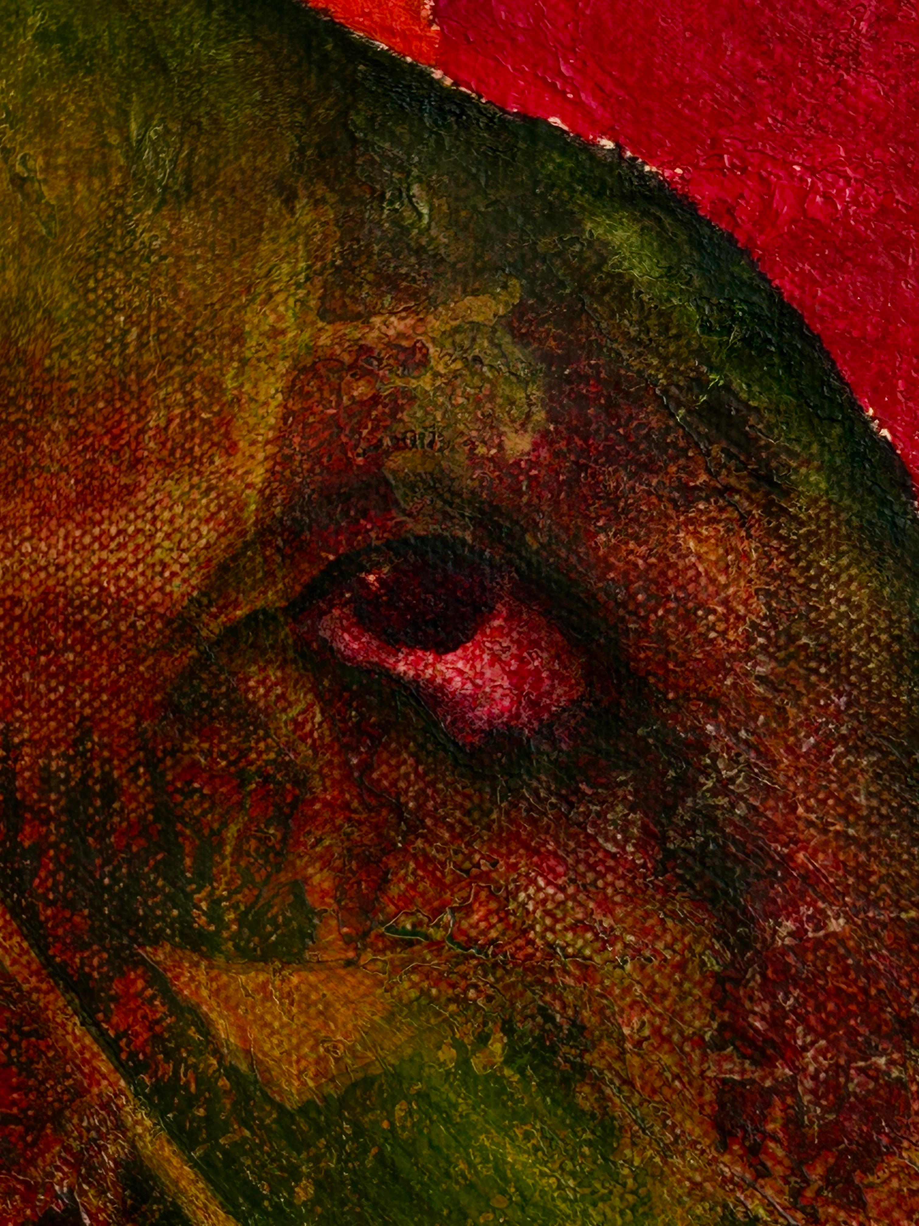 Abstrakte Malerei in rötlichen Tönen mit Figuration. 