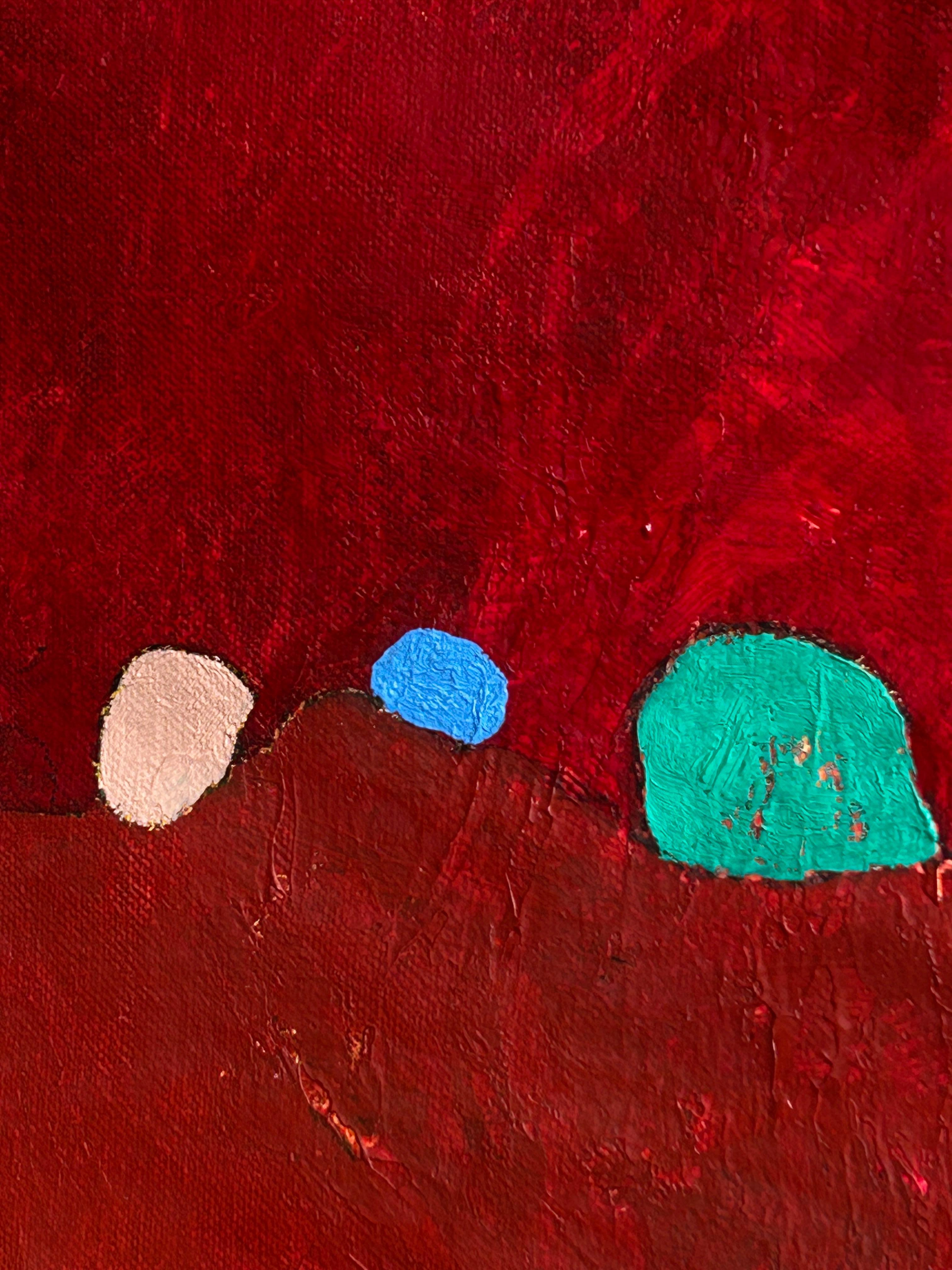 Abstraktes Original-Ölgemälde auf Leinwand, ein zeitgenössisches Kunstwerk, das Farbfeld und abstrakten Expressionismus erforscht.  Vertikale Leinwand in einer Palette von Rottönen mit Blöcken von Grün, Grau, Blau, Gelb, Orange und Magenta. Das Werk