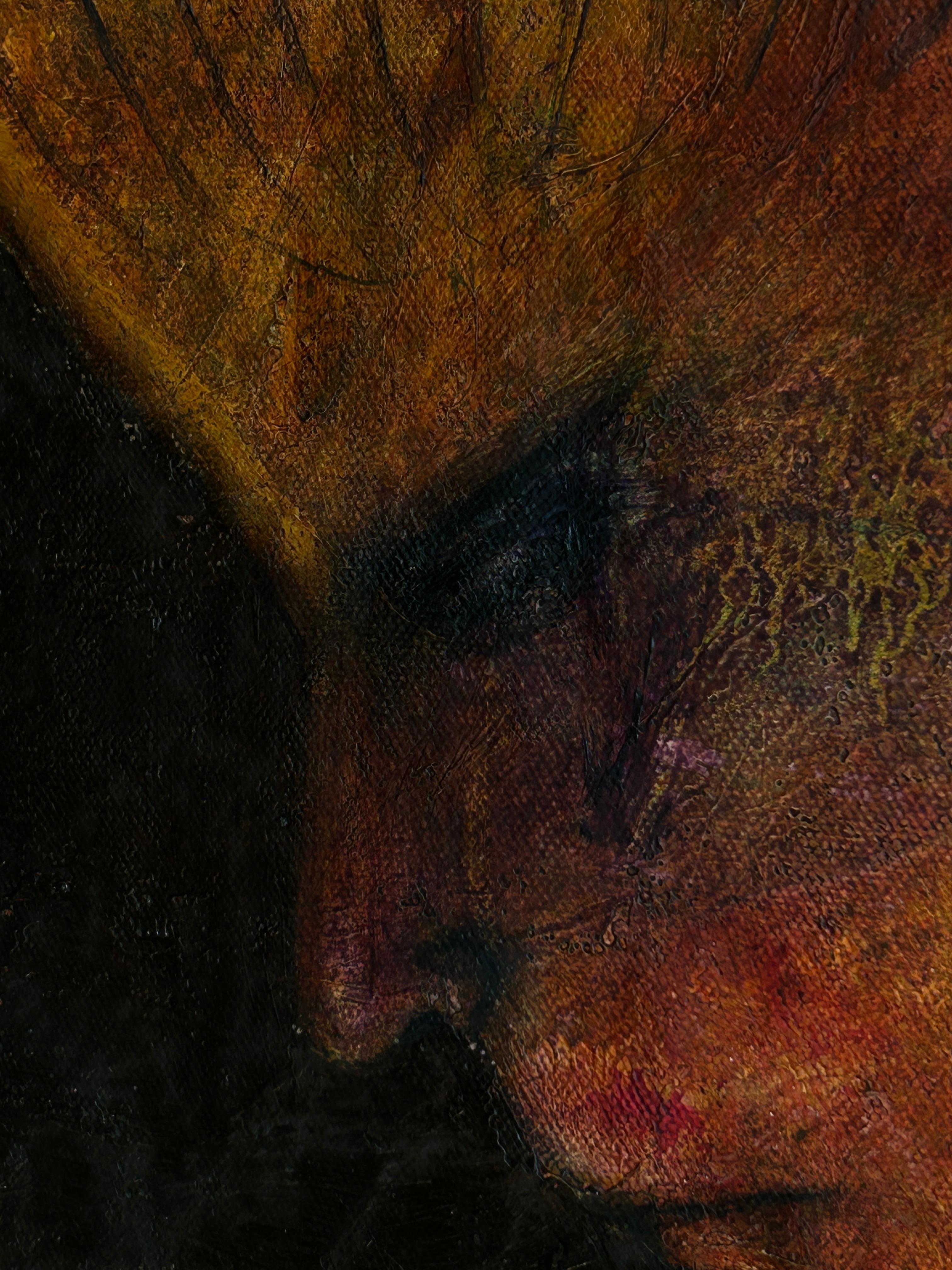 Abstrakte Malerei in violetten Tönen mit Figuration. 