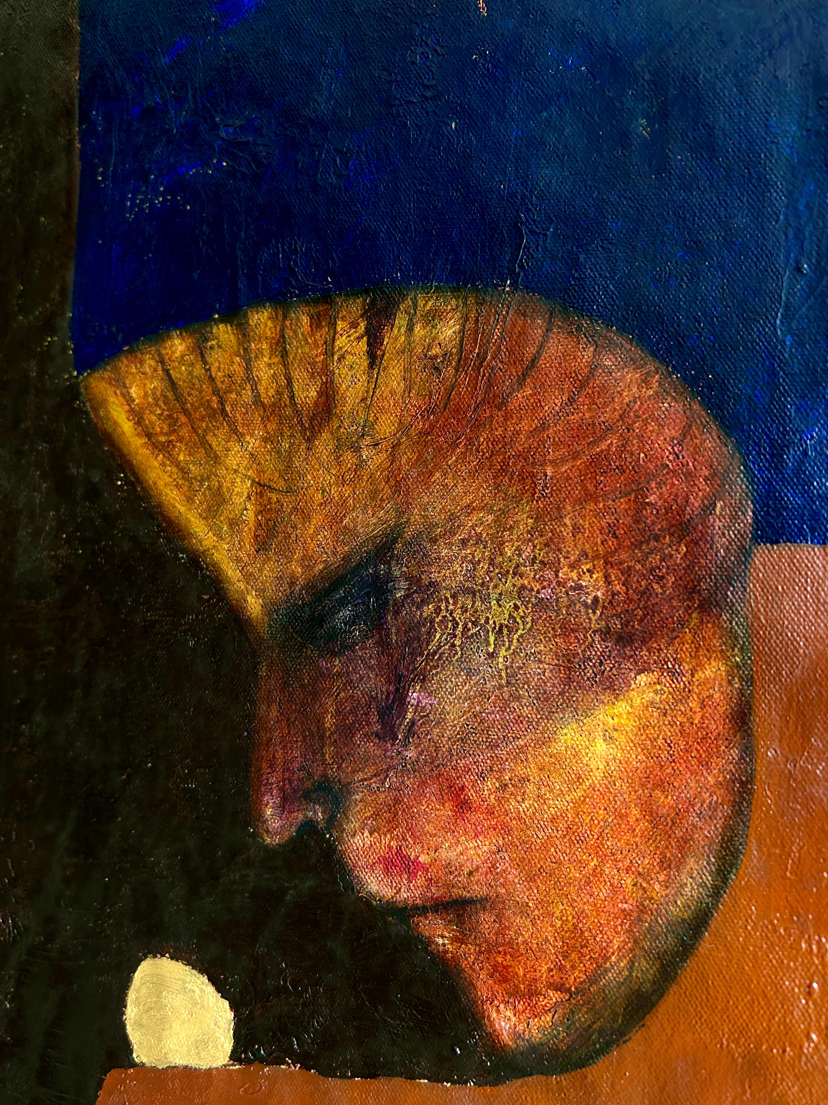 Abstraktes Original-Ölgemälde auf Leinwand, ein zeitgenössisches Kunstwerk, das Farbfeld und abstrakten Expressionismus erforscht.  Horizontale Leinwand in einer Palette von Veilchen und verbranntem Umbra, mit Blöcken von Grün, Grau, Blau, Gelb,