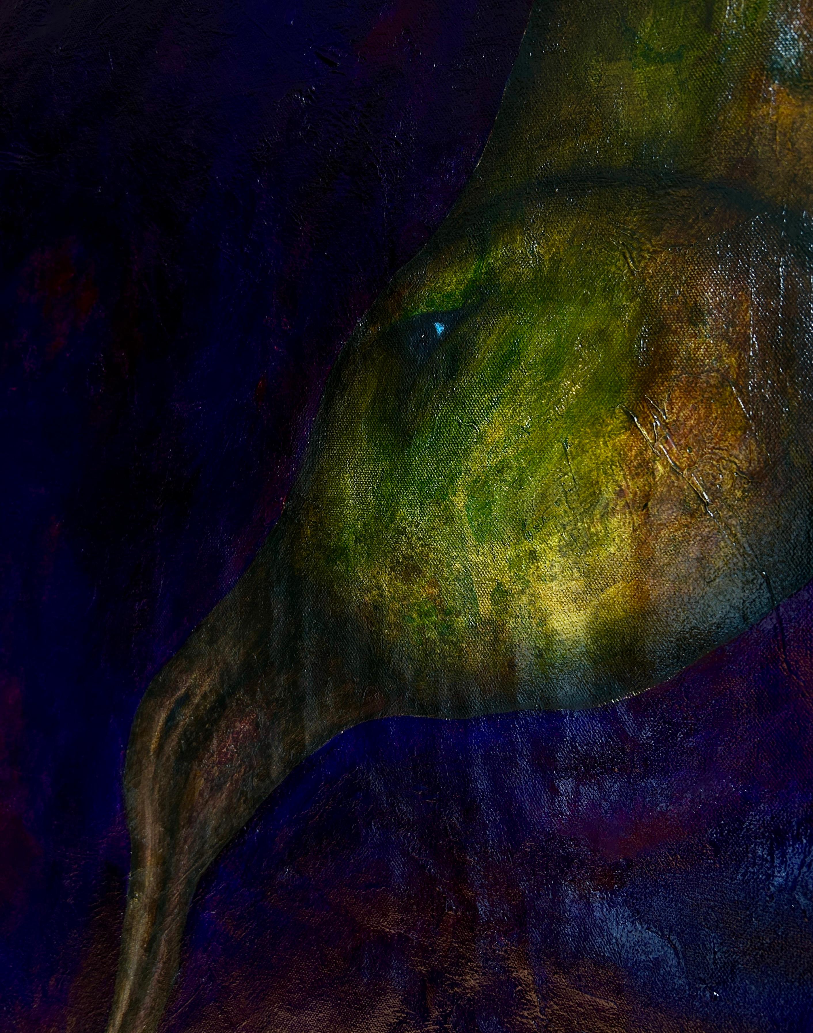 Abstrakte Malerei in violetten Tönen mit Figuration. 