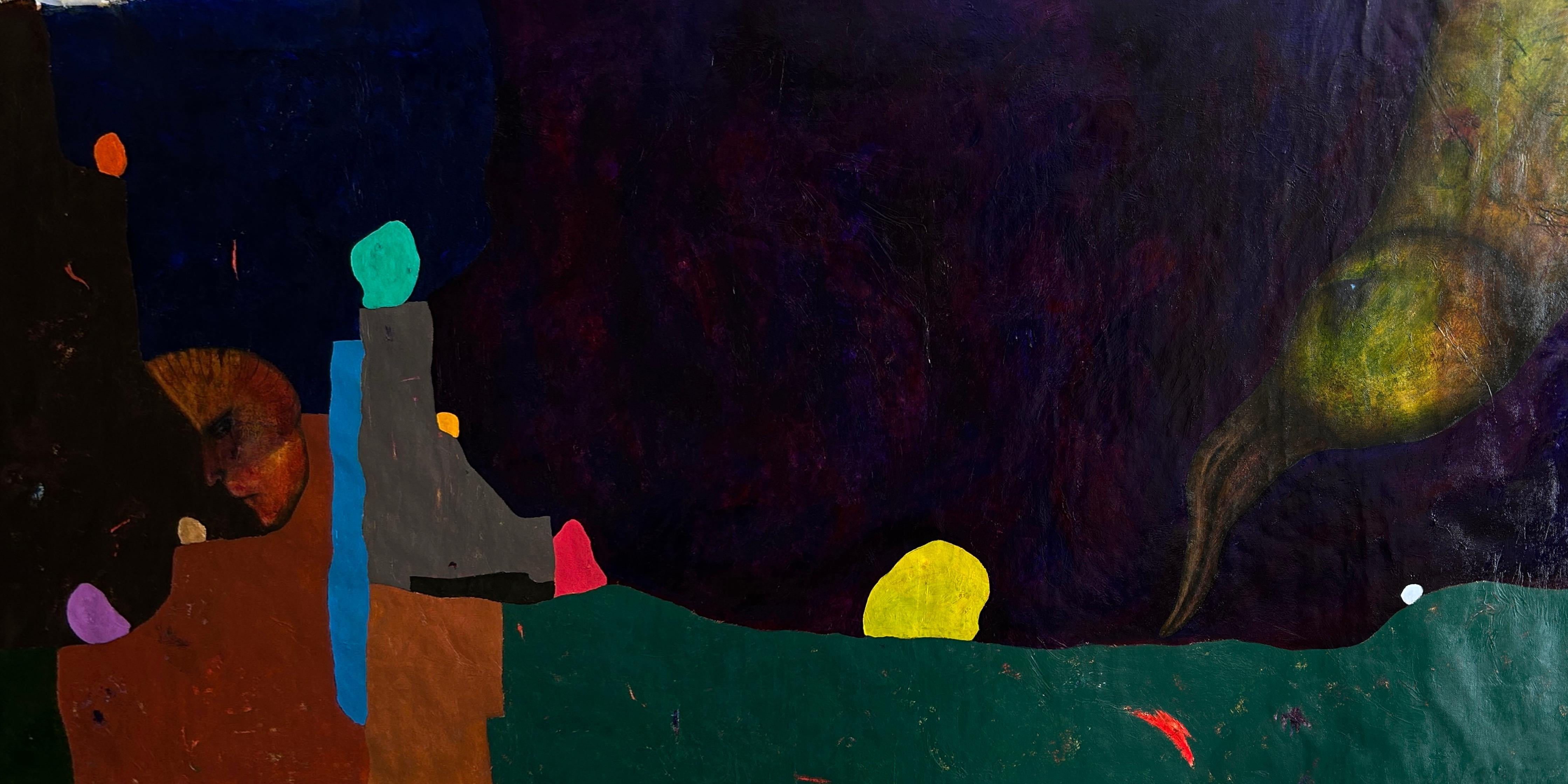 Luis Alexander Rodríguez (Ie-Xiua) Abstract Painting – Abstrakte Malerei in violetten Tönen mit Figuration. "Begegnungen in der Morgendämmerung"