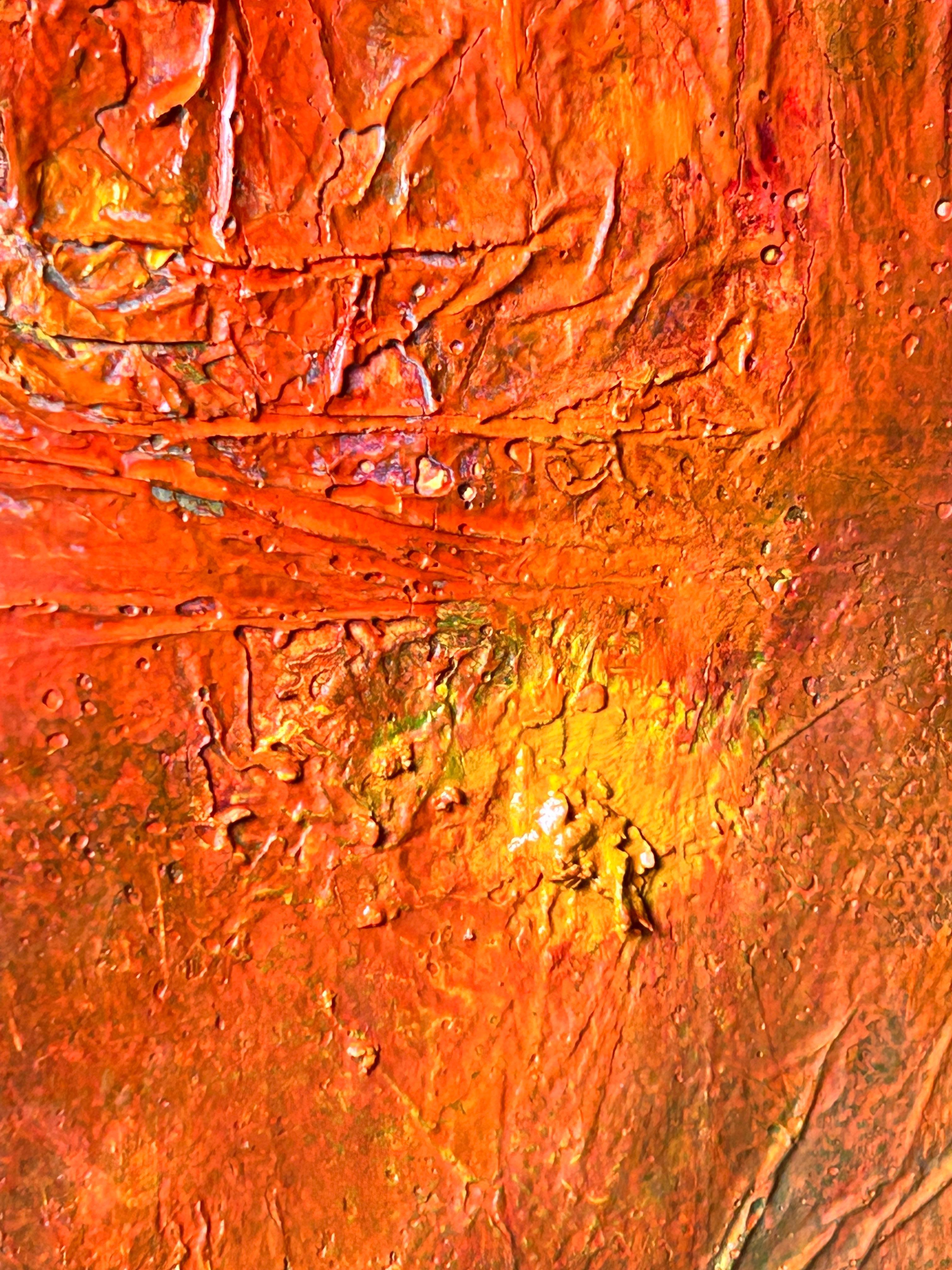 Dipinto a olio su tela di una composizione astratta nei toni dell'arancione con la presenza di altri colori strutturati. Creato con colori professionali Winsor & Newton e REMBRANDT. Questo pezzo è protetto da una vernice lucida e da una protezione