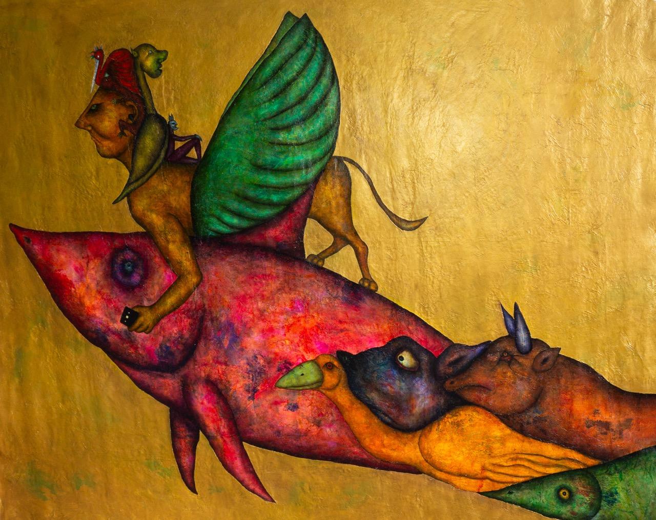 Figurative Painting di Luis Alexander Rodríguez (Ie-Xiua) - "Pomeriggio in giardino": Fantastico Realismo Pittura d'oro con animali