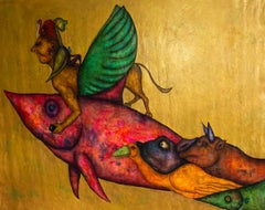 "Pomeriggio in giardino": Fantastico Realismo Pittura d'oro con animali