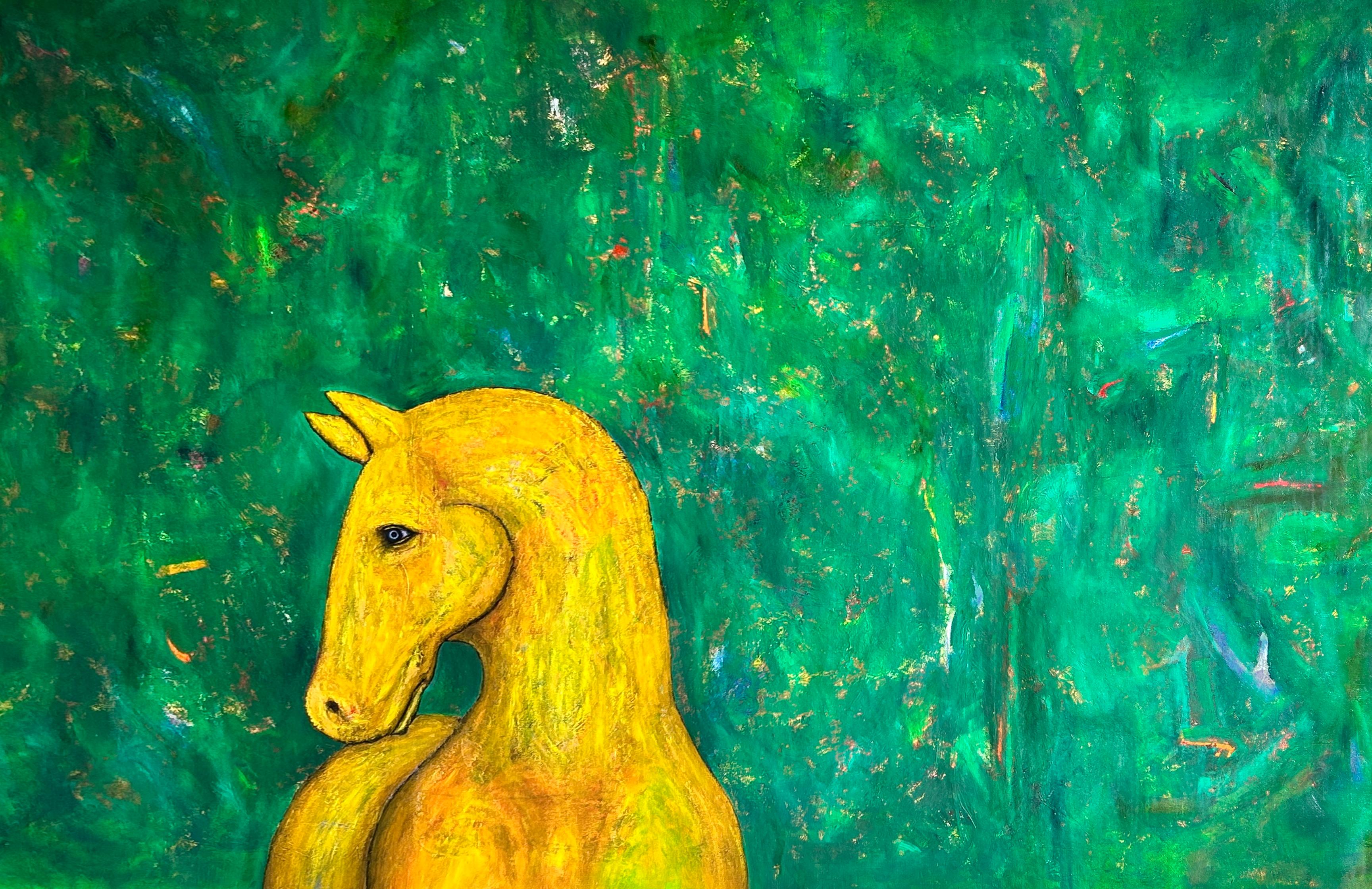 Peinture à l'huile d'animaux sur toile. "Cheval en jaune