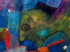 Pintura surrealista al óleo sobre tabla con figuración fantástica y animales. "Jardín"