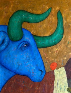 « Blue Bull 2 » : peinture à l'huile originale sur toile, signée, série « Animal Gods »