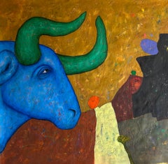 « Blue Bull 2 » : peinture à l'huile originale sur toile, signée, série « Animal Gods »