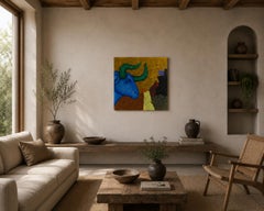 Dipinto a olio originale su tela "Blue Bull", firmato, 84x80 cm
