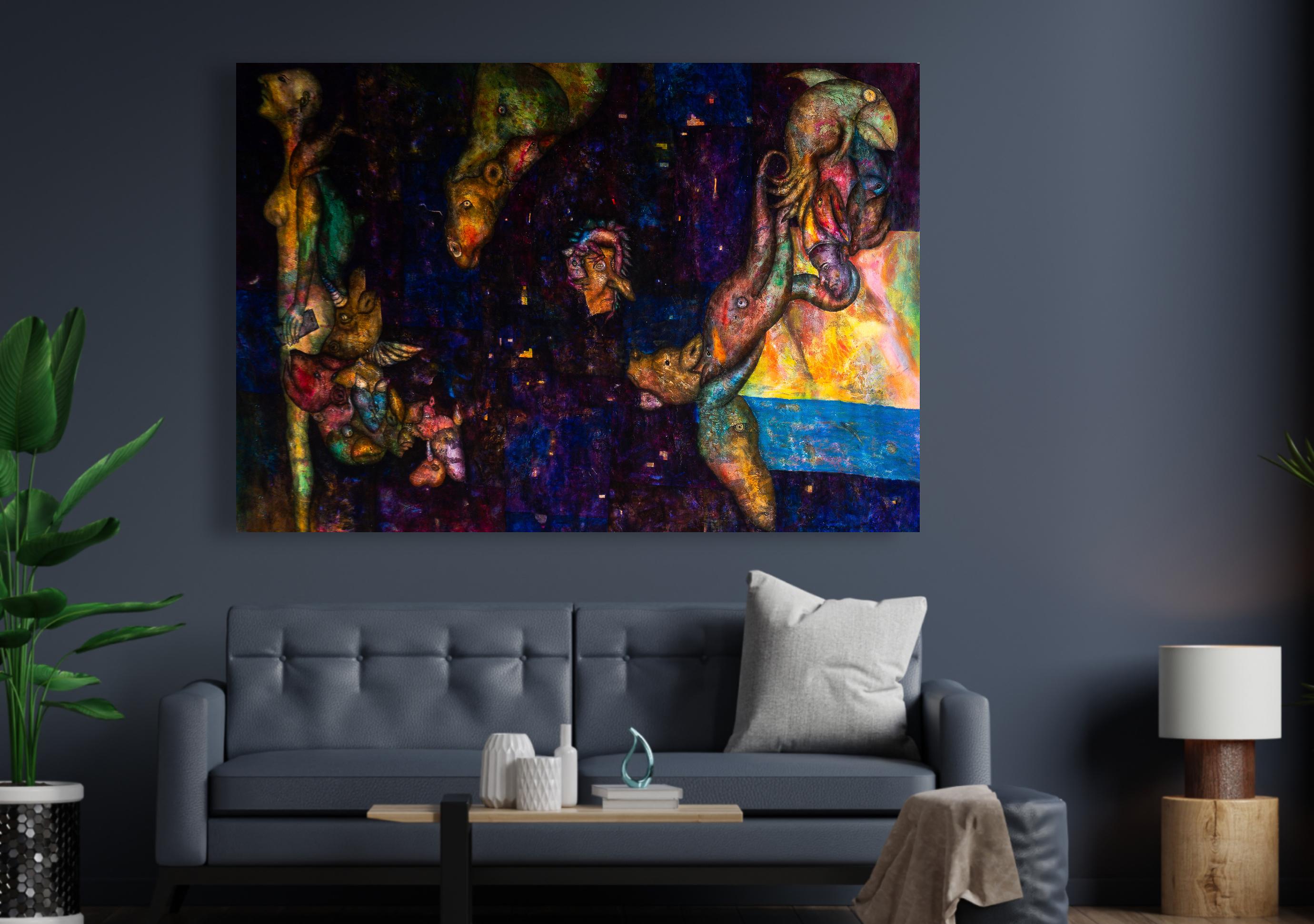 Sogno blu: Pittura murale a olio su tela, tecnica mista - Painting di Luis Alexander Rodríguez (Ie-Xiua)