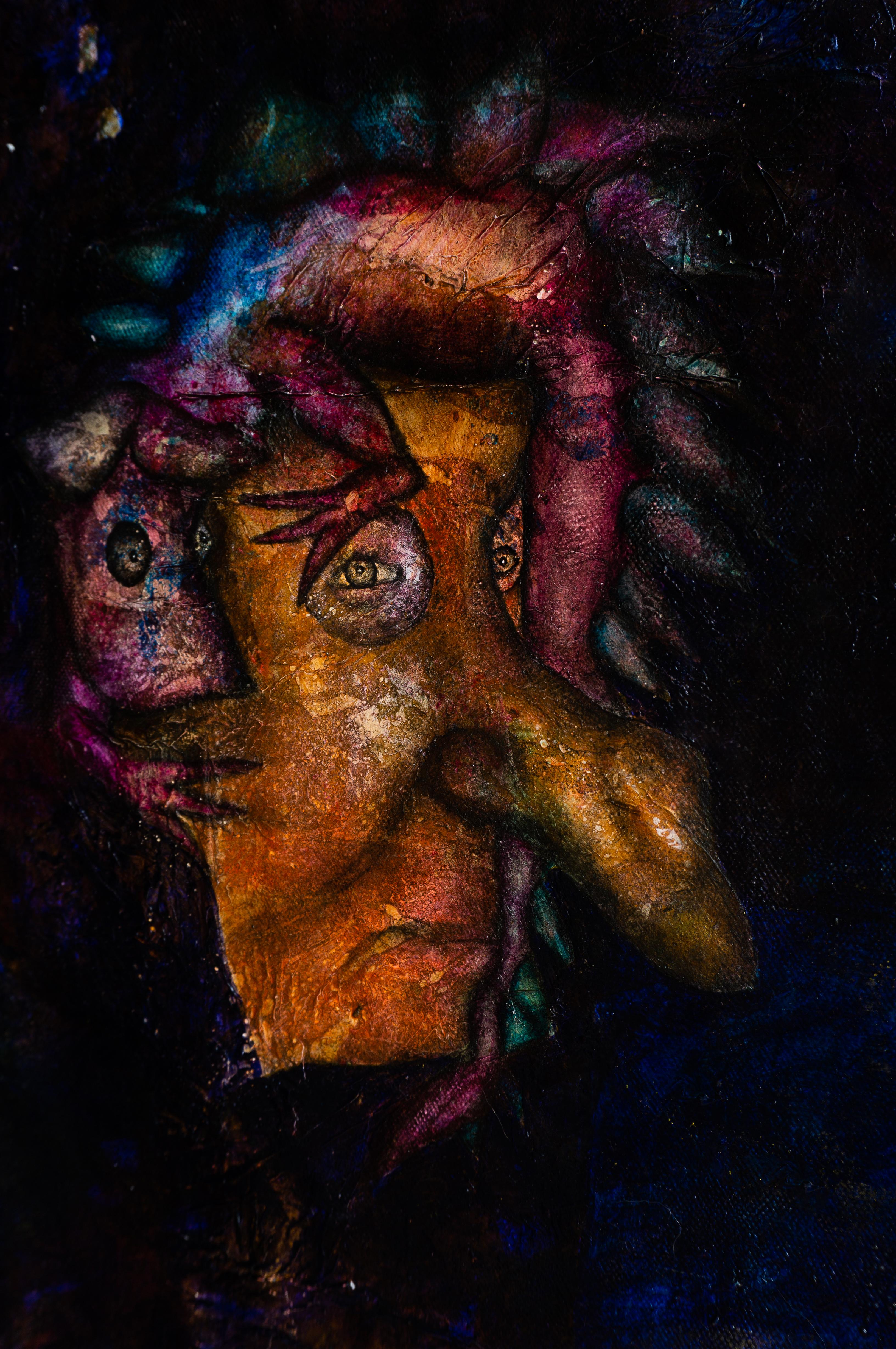 Sogno blu: Pittura murale a olio su tela, tecnica mista - Figurative Painting Nero di Luis Alexander Rodríguez (Ie-Xiua)