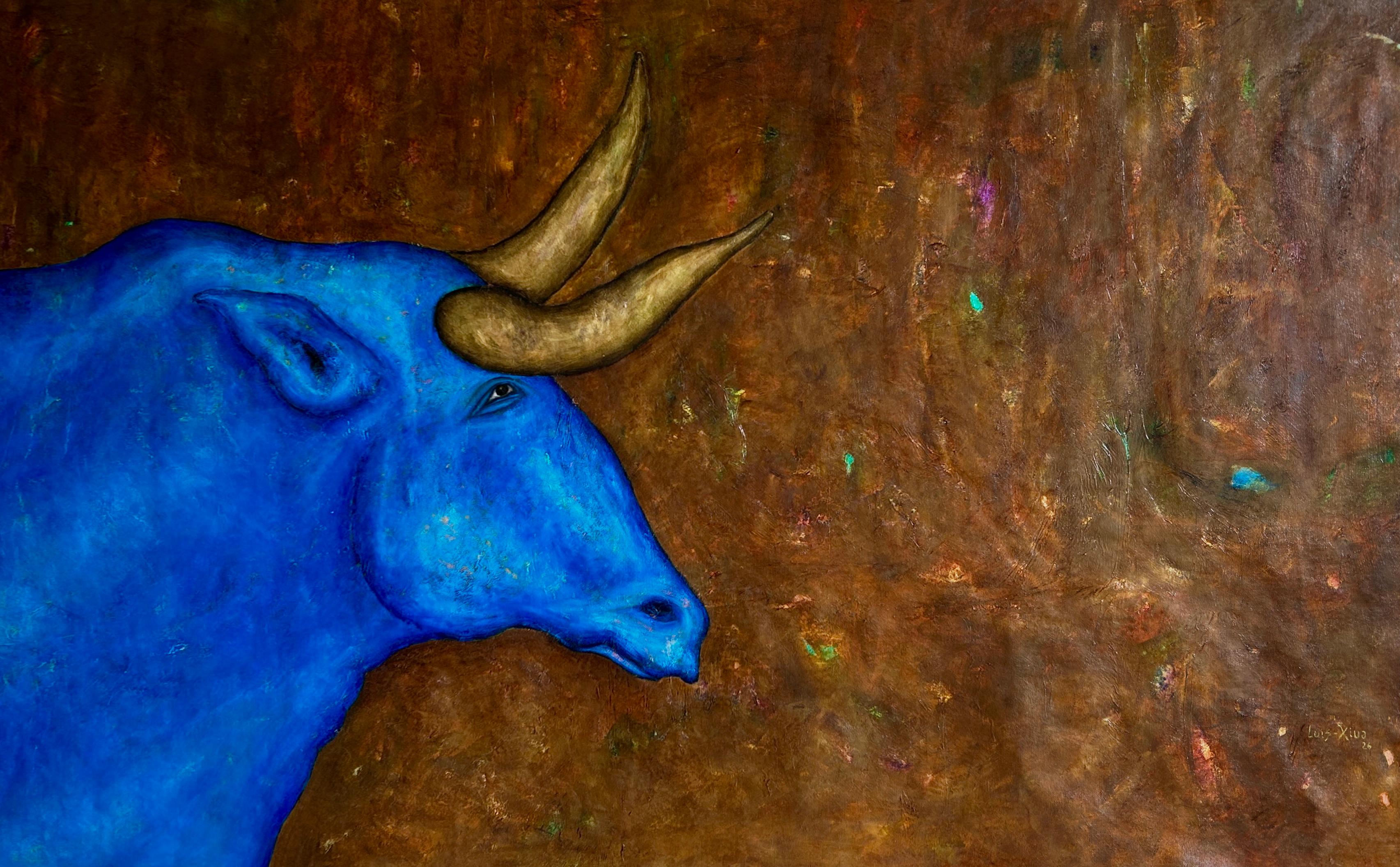 Luis Alexander Rodríguez (Ie-Xiua) Figurative Painting - "Bull in Blue", Animal Oil Painting on Canvas. Signed, Large Format