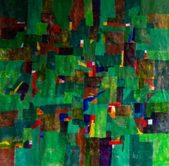 GREEN tone abstract painting "Children's Games" textured mixed technique, 2022