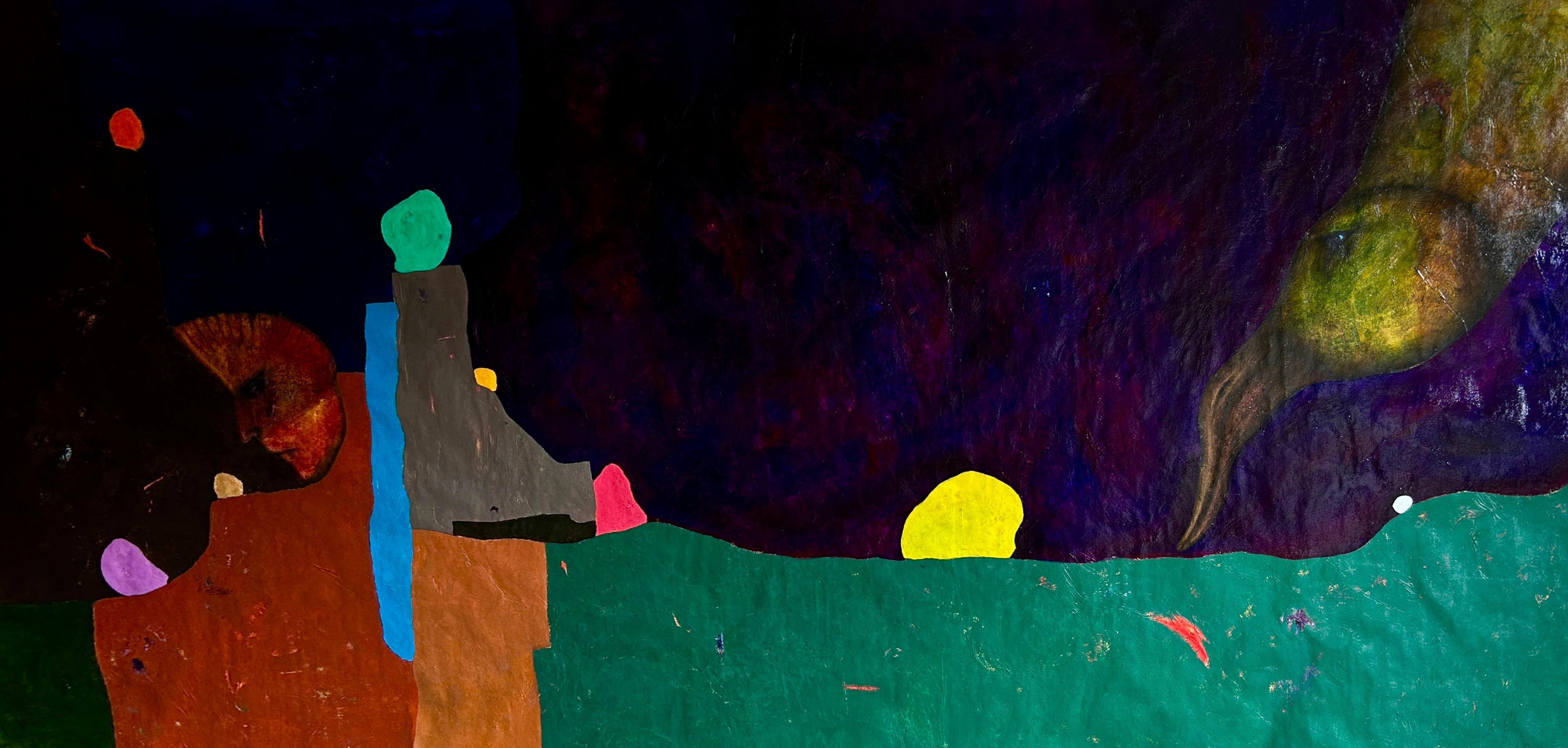 Abstrakte Malerei in violetten Tönen mit Figuration. "Begegnungen in der Morgendämmerung"