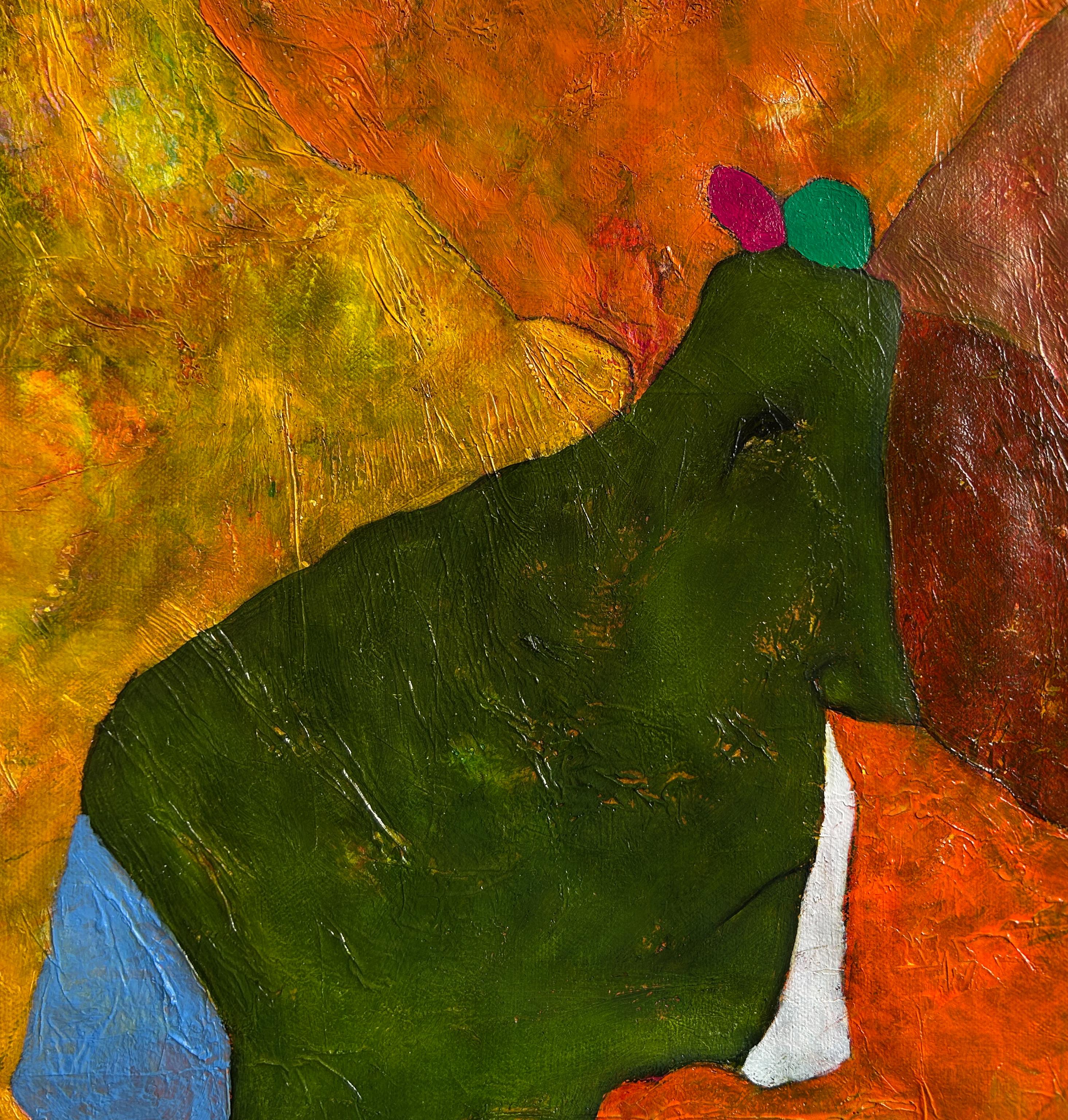 Contemporary Abstract Oil Painting In Orange, Yellows and Green, 