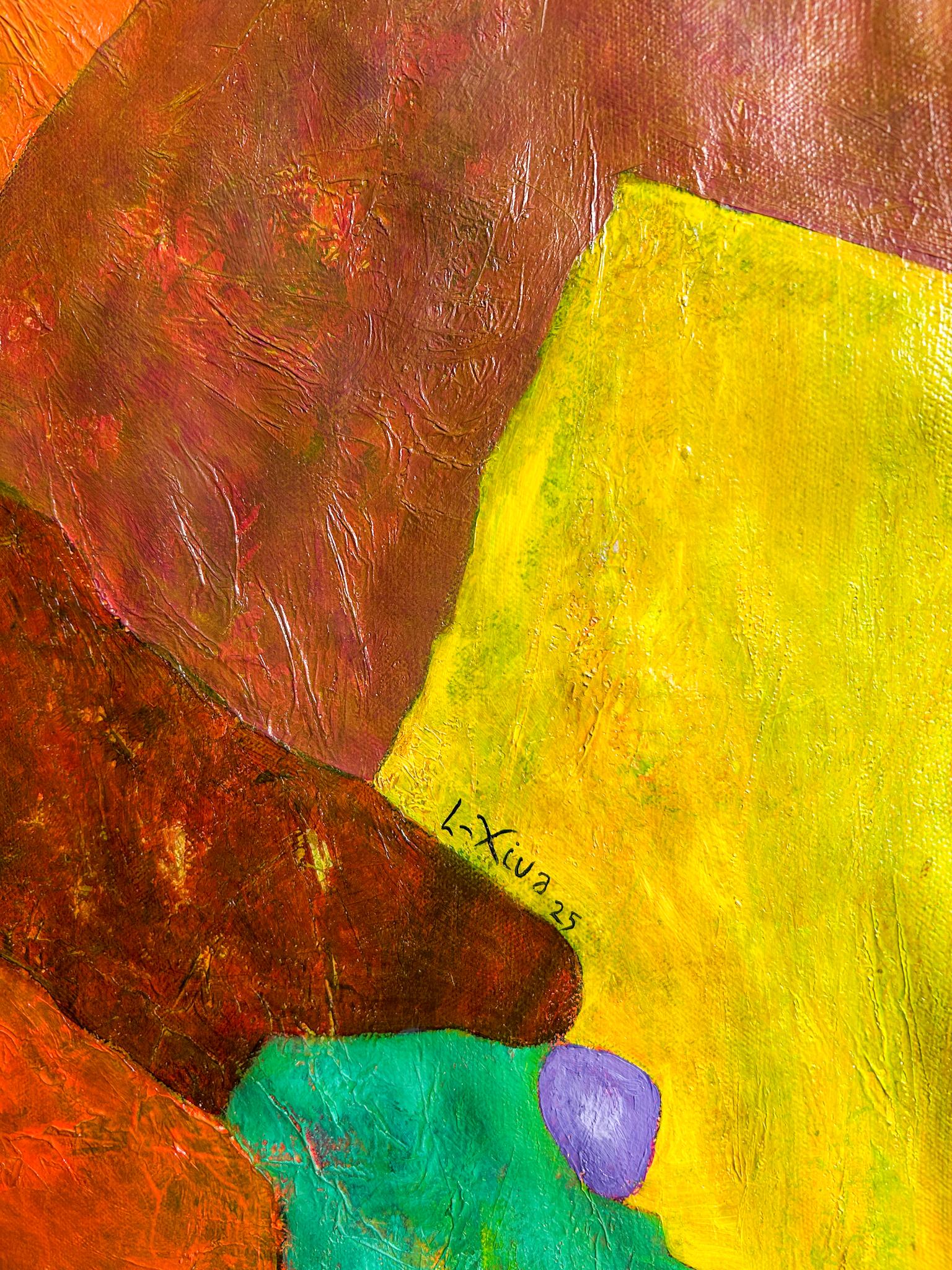 This abstract painting is part of a series in which I explore the chromatic relationships between colors and tones, inspired by the art and aesthetics of pre-Columbian cultures. In a contemporary abstract style, the work is made with a palette of