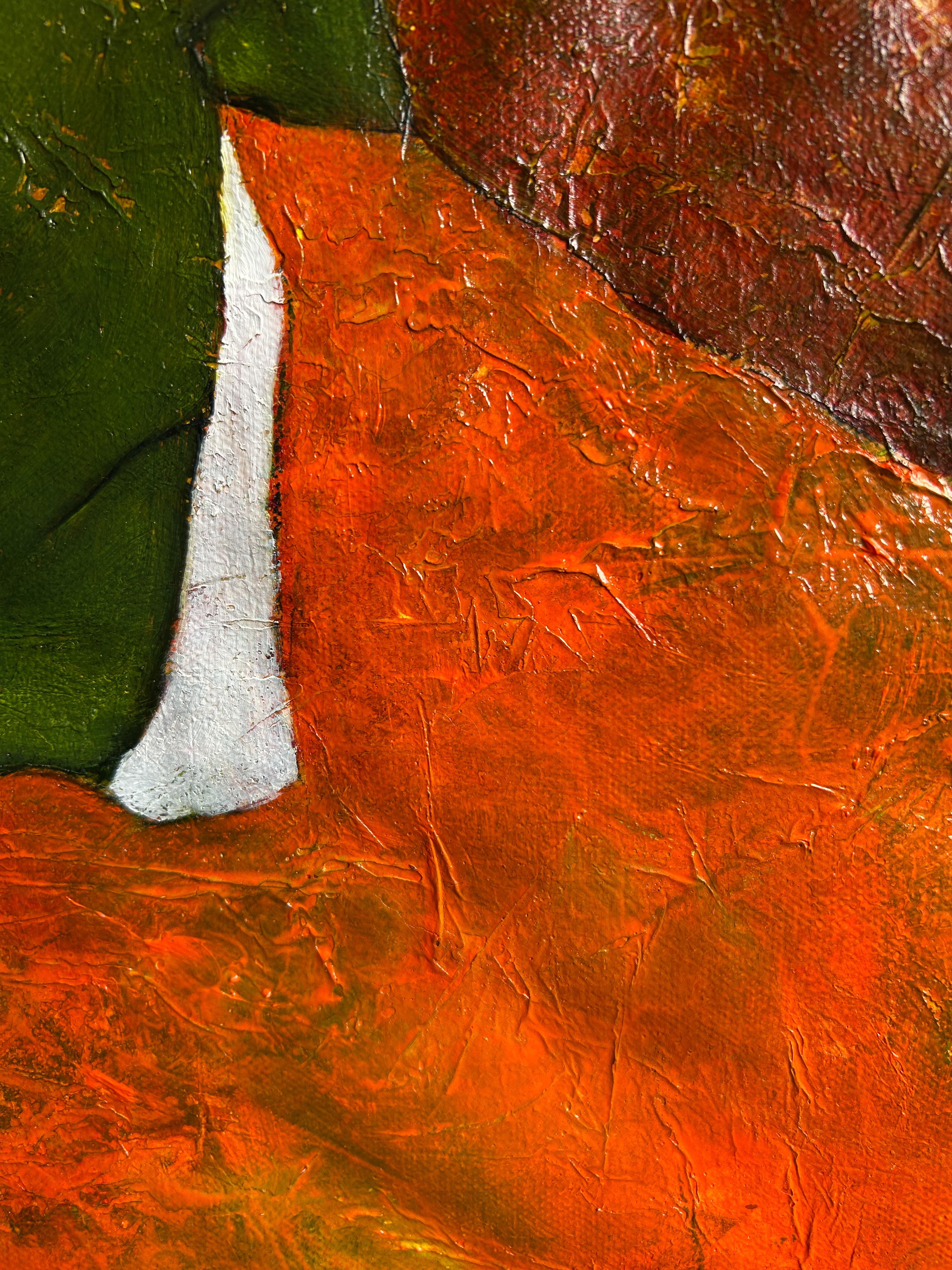 Contemporary Abstract Oil Painting In Orange, Yellows and Green, 