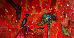 Peinture à l'huile abstraite contemporaine dans les tons rouge et orange "Red Mystery".