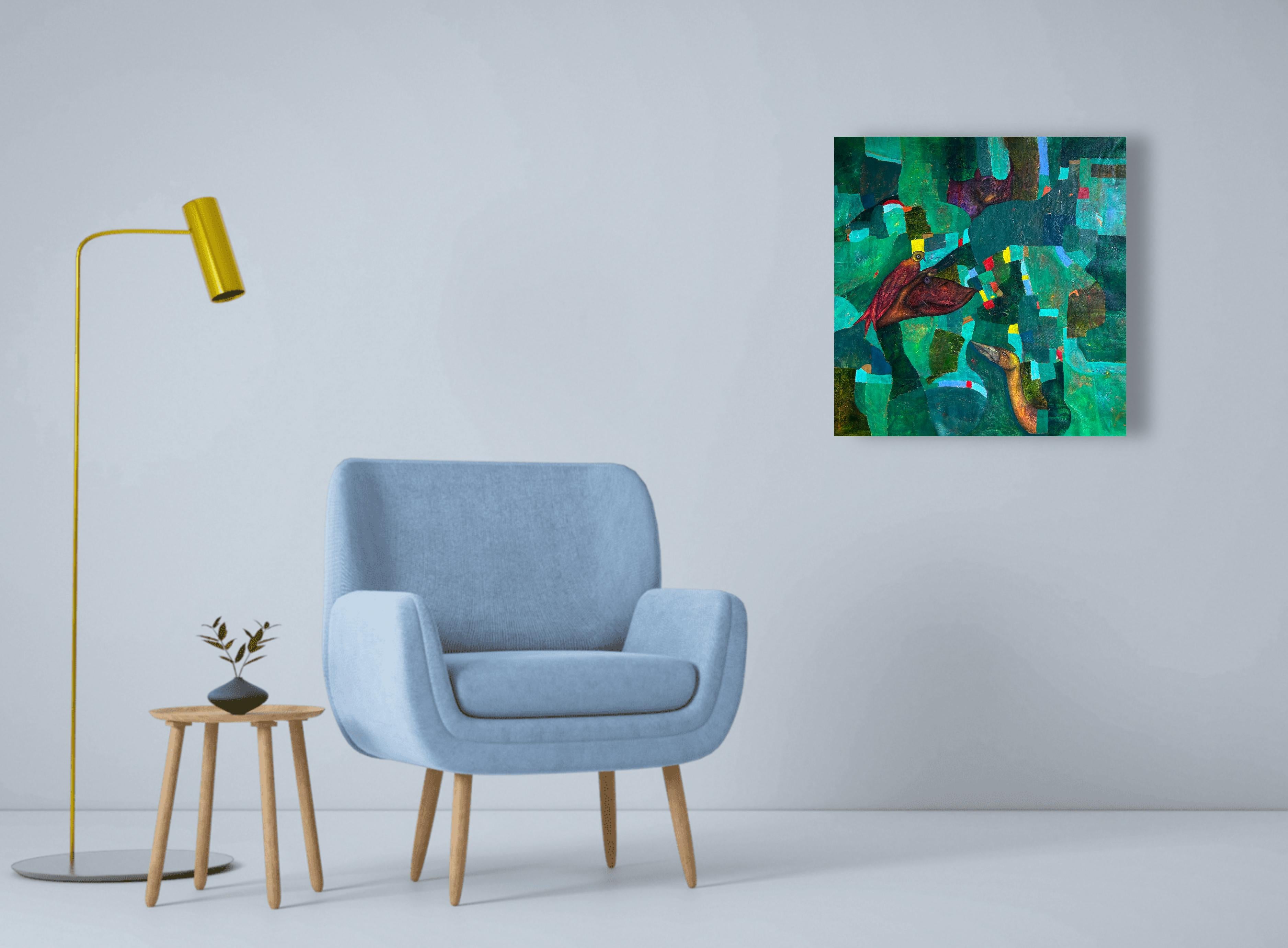 Contemporary Abstract Oil Painting On Canvas. Whispers Of The Jungle - Blue Abstract Painting by Luis Alexander Rodríguez (Ie-Xiua)