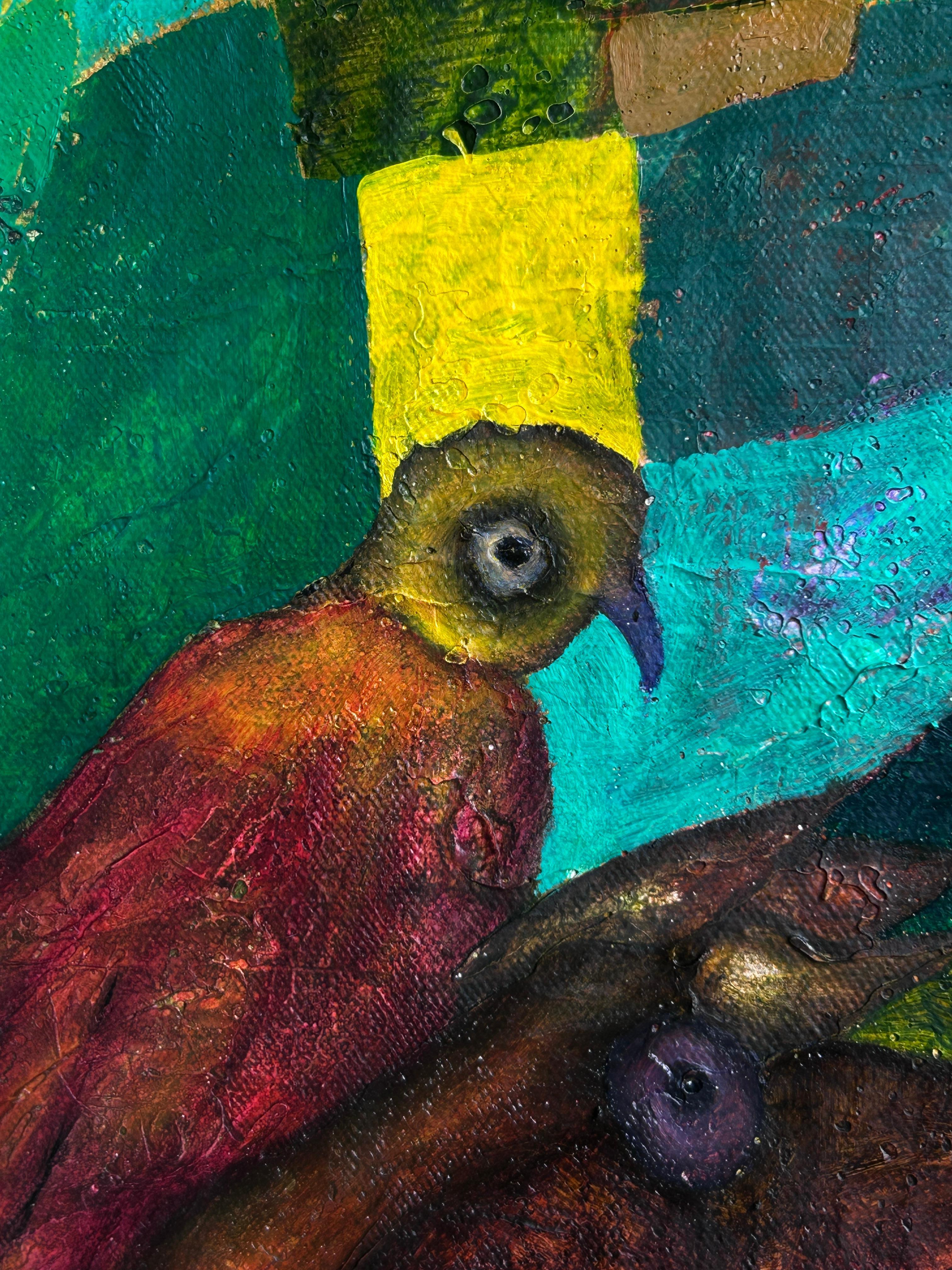 The painting is done in oil on canvas using professional Winsor & Newton and Rembrandt paints. The surface is constructed through successive layers of greens, blues, and reds, with areas of transparency, glazes, and texture that form geometric