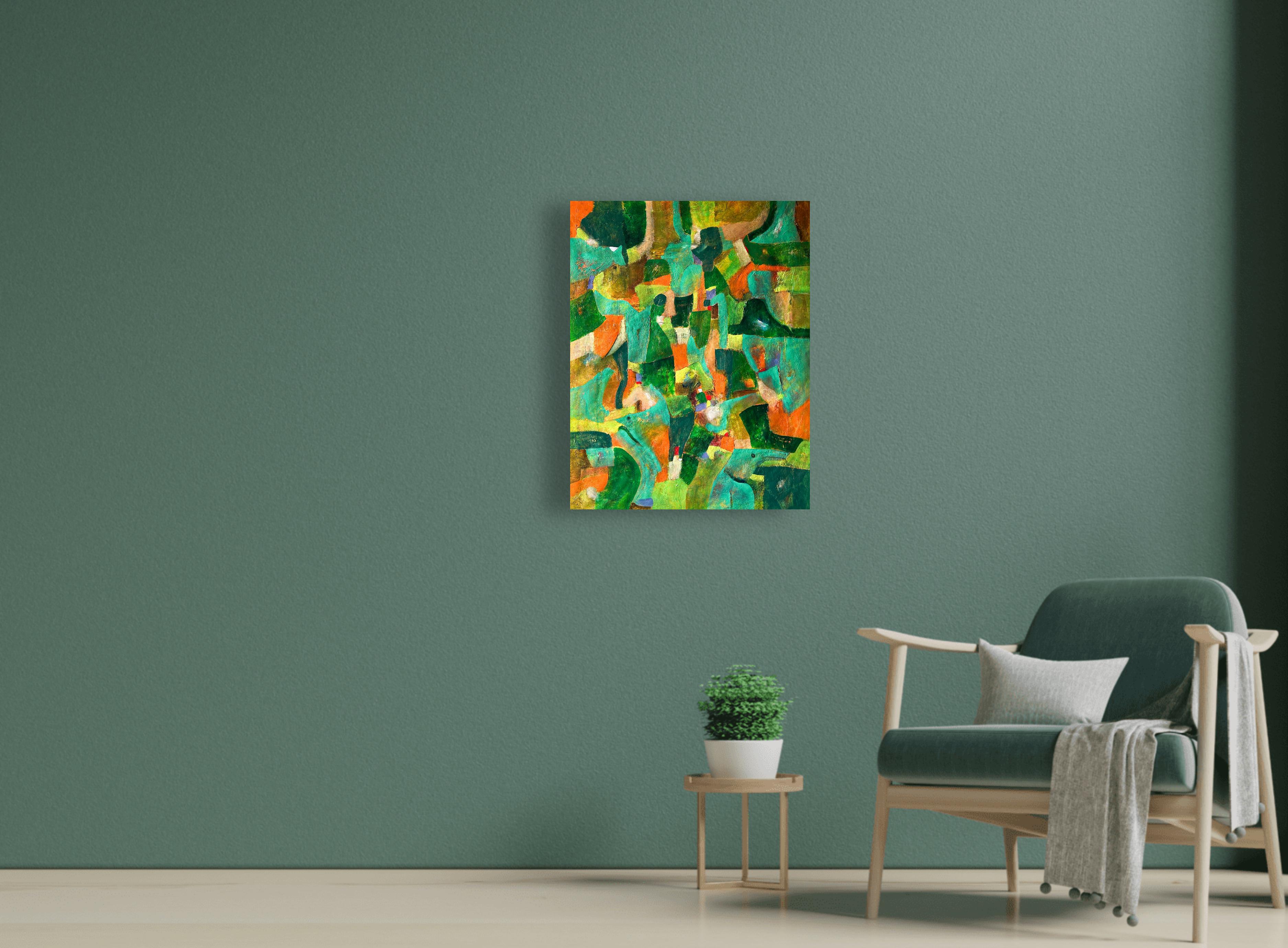 Pittura astratta contemporanea in verde e giallo su tela, 