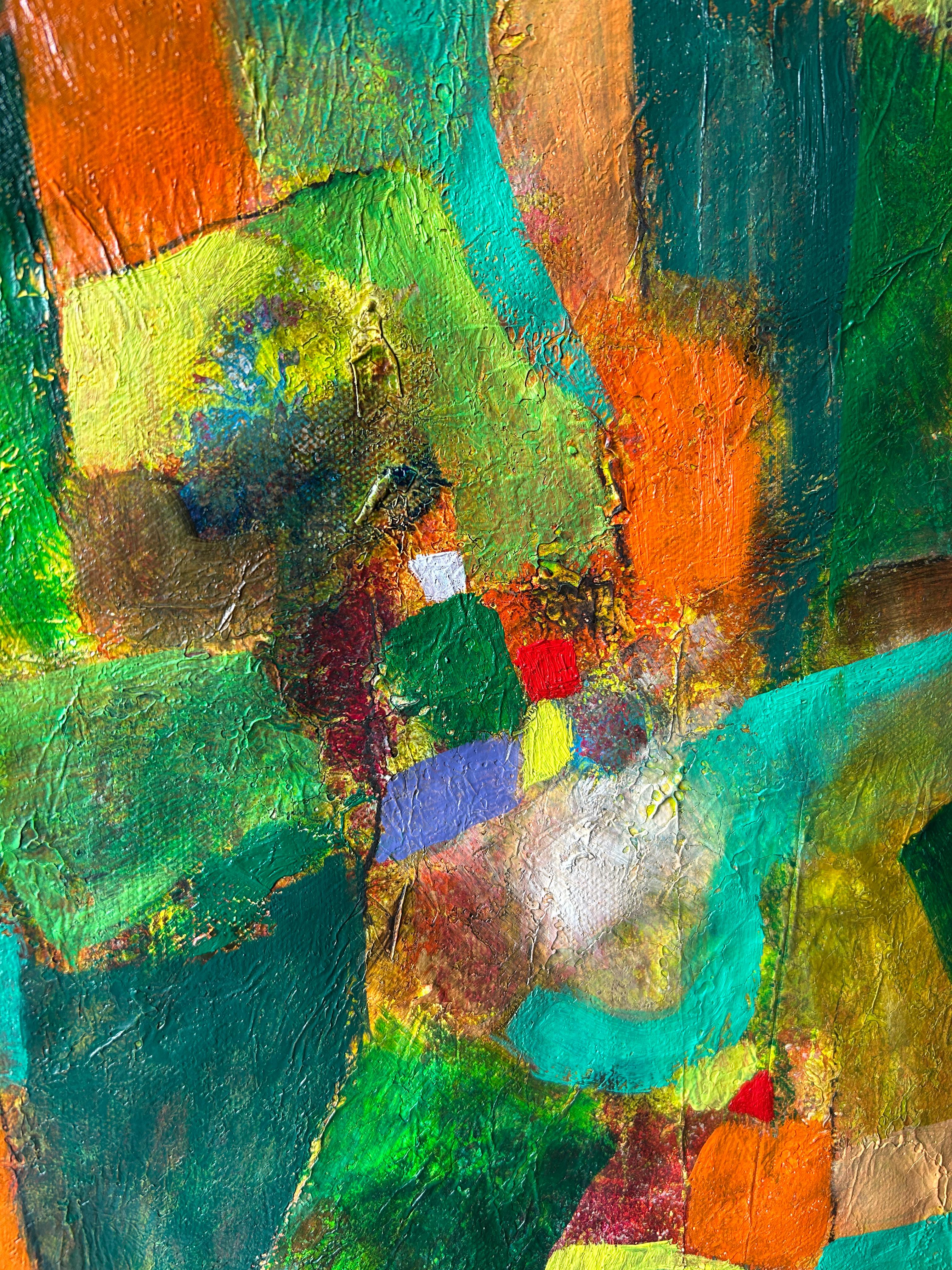 Pittura astratta contemporanea in verde e giallo su tela, 