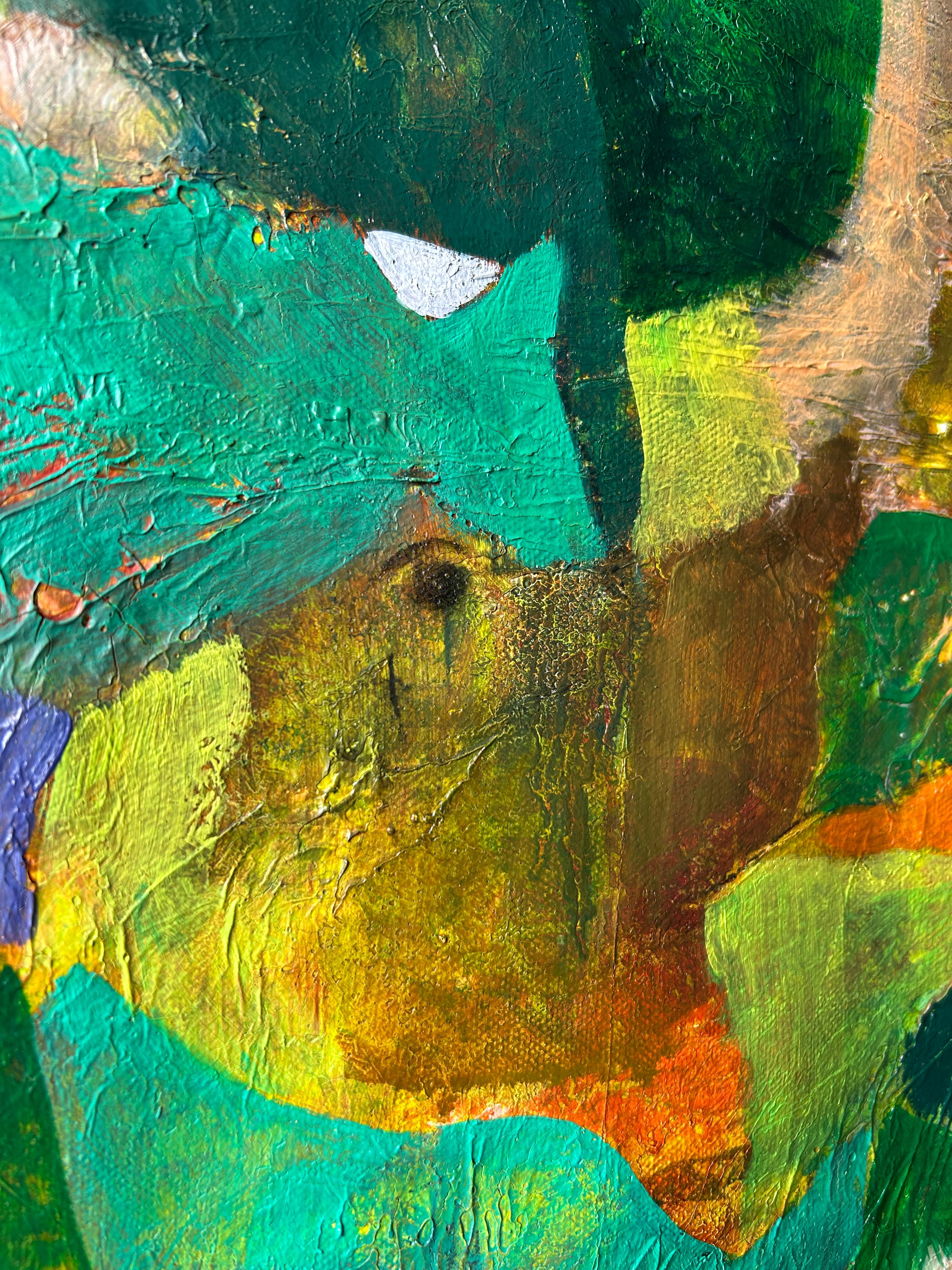 Pittura astratta contemporanea in verde e giallo su tela, 