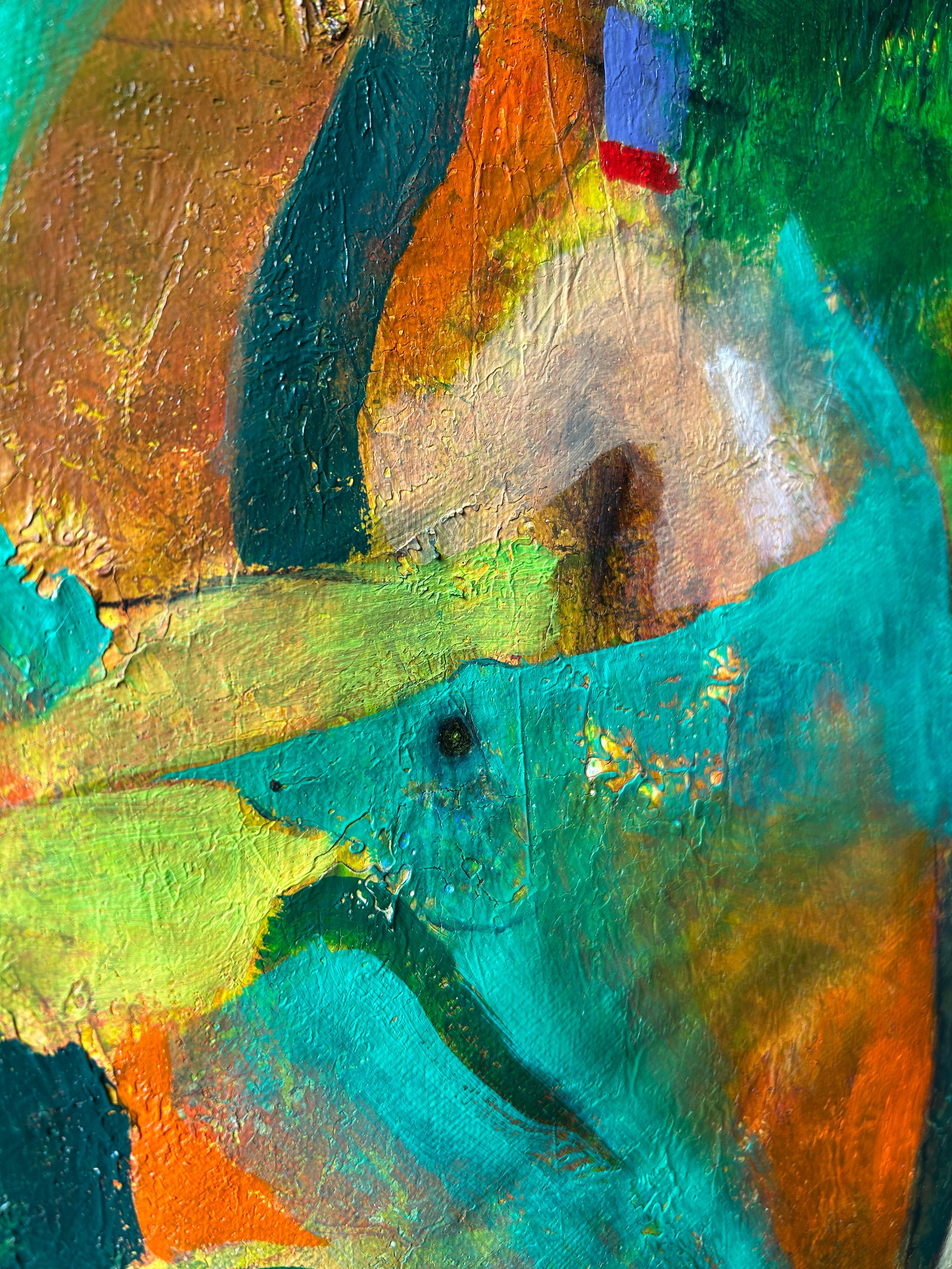 Questo quadro fa parte di una serie in cui esploro le relazioni cromatiche tra colori e toni, ispirandomi all'arte e all'estetica delle culture Pre-Columbian. In uno stile astratto contemporaneo, l'opera è realizzata con una tavolozza di verdi e