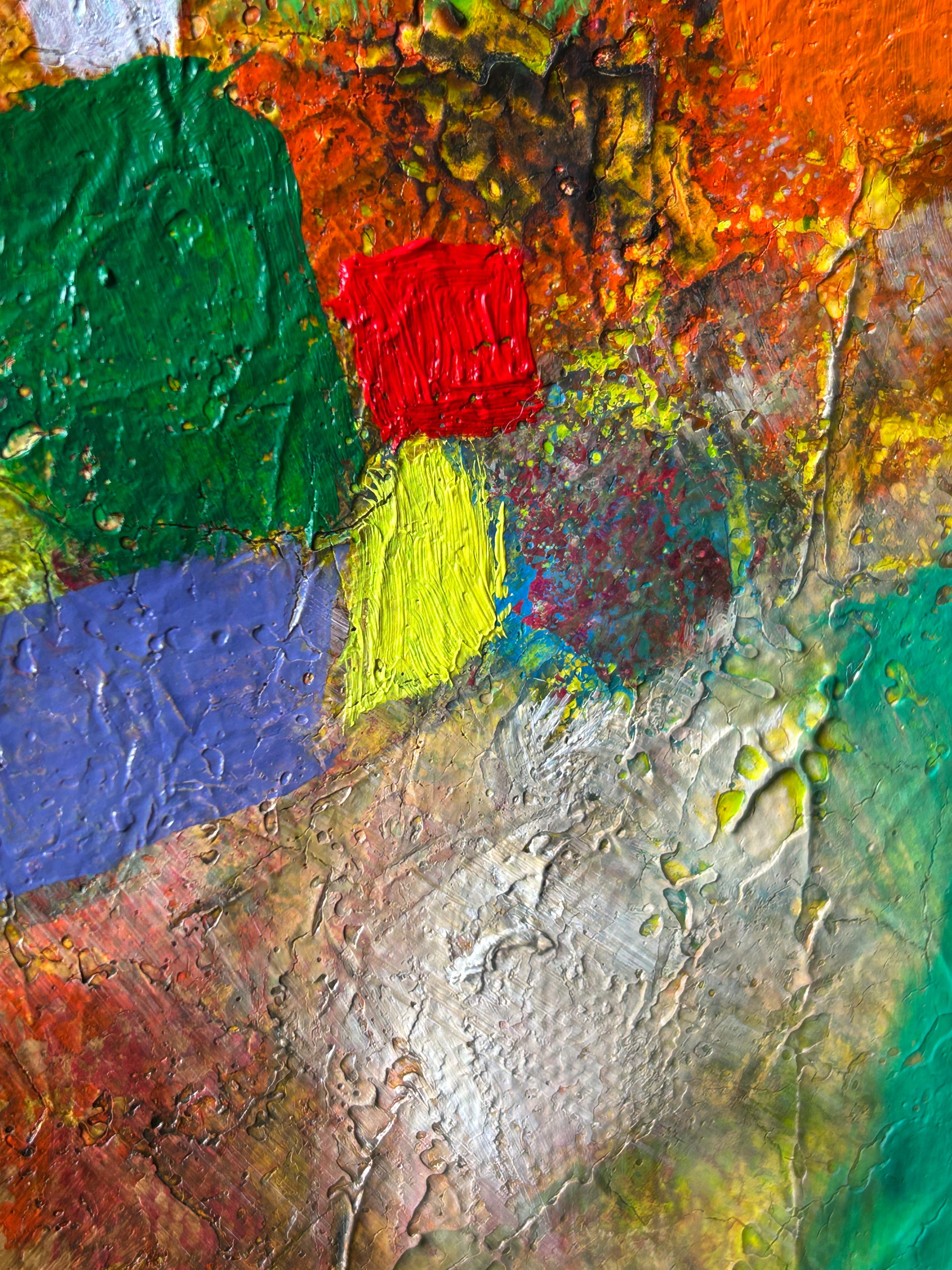 Pittura astratta contemporanea in verde e giallo su tela, 