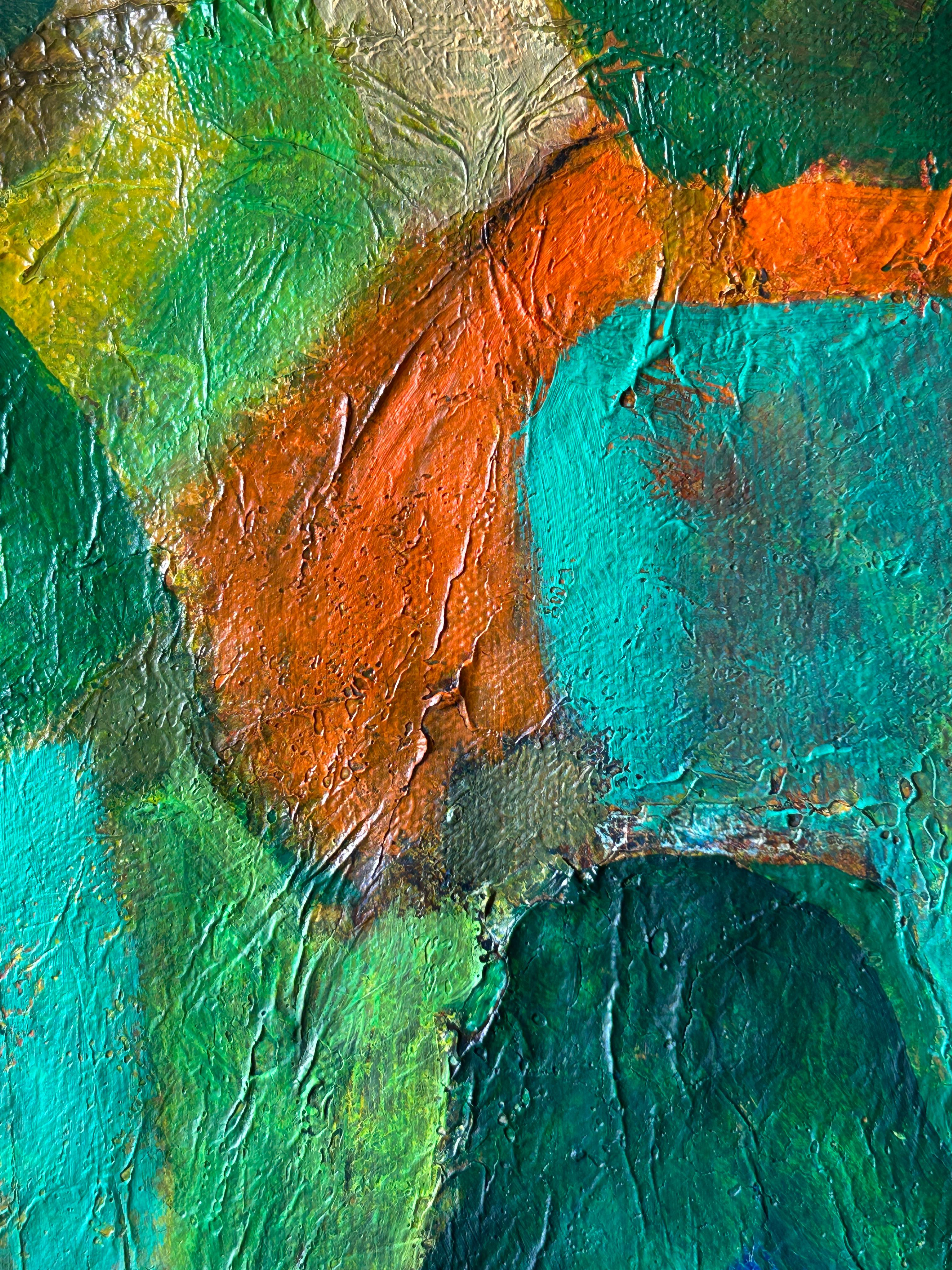 Pittura astratta contemporanea in verde e giallo su tela, 