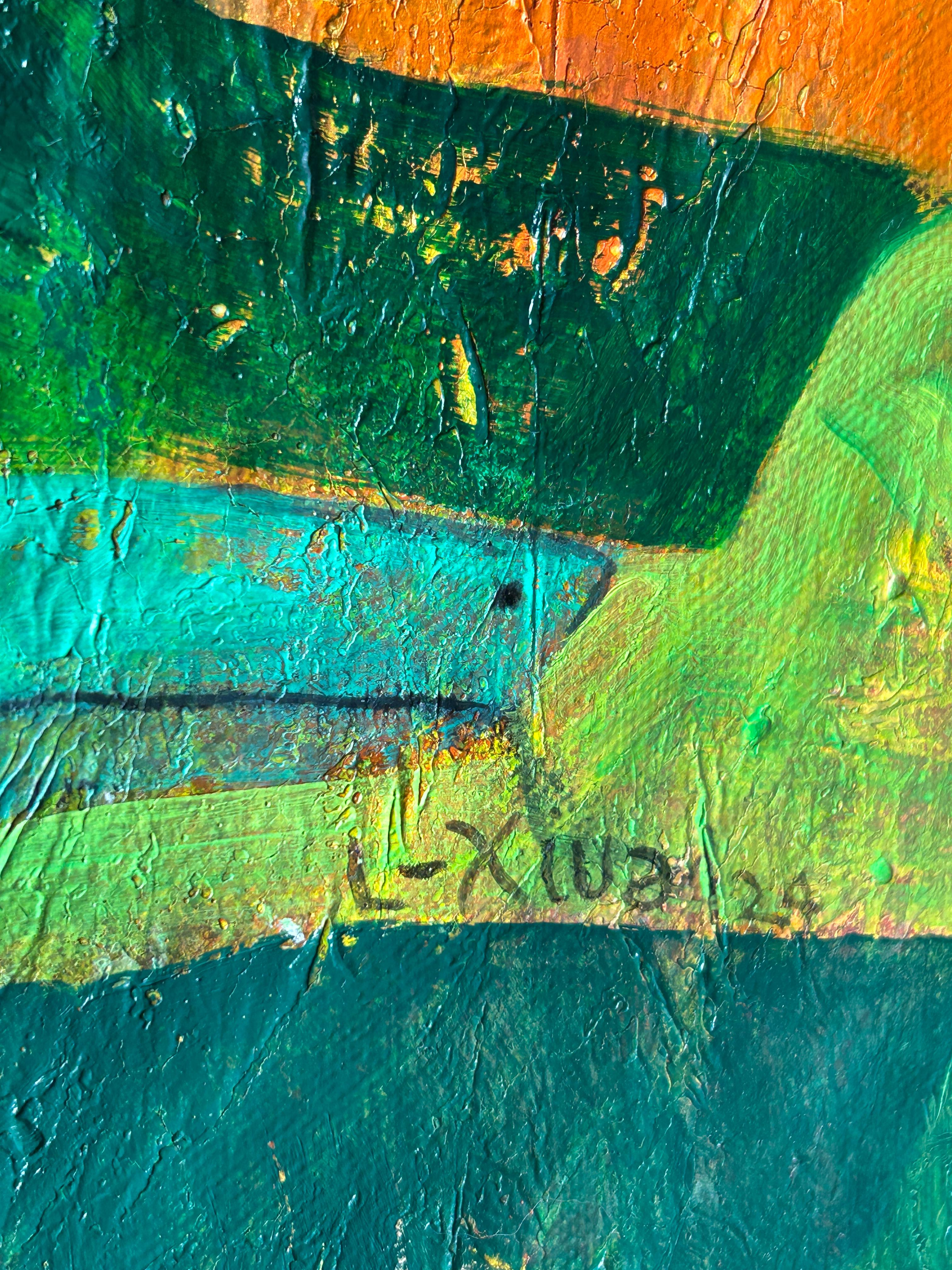 Pittura astratta contemporanea in verde e giallo su tela, 