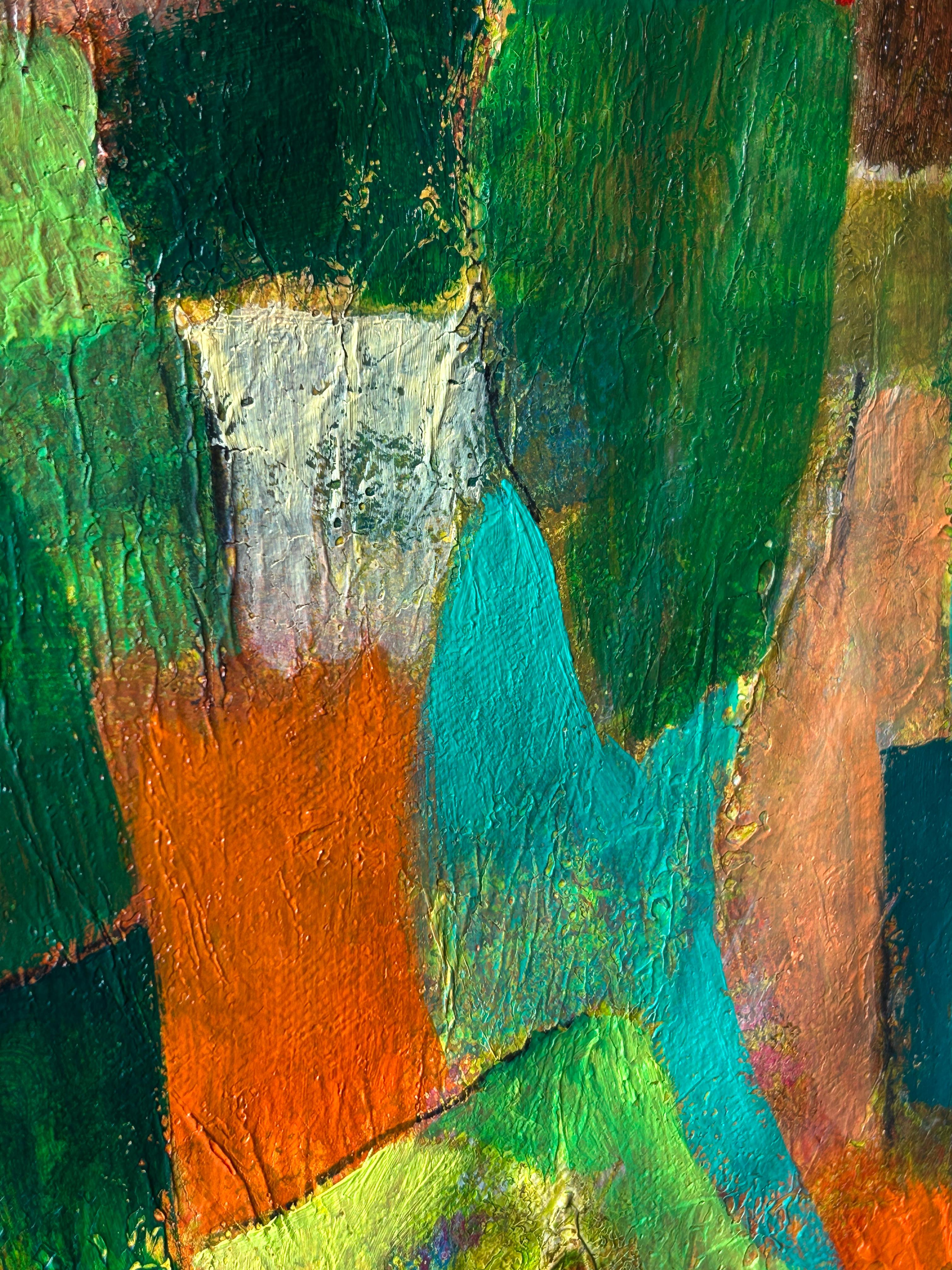 Pittura astratta contemporanea in verde e giallo su tela, 