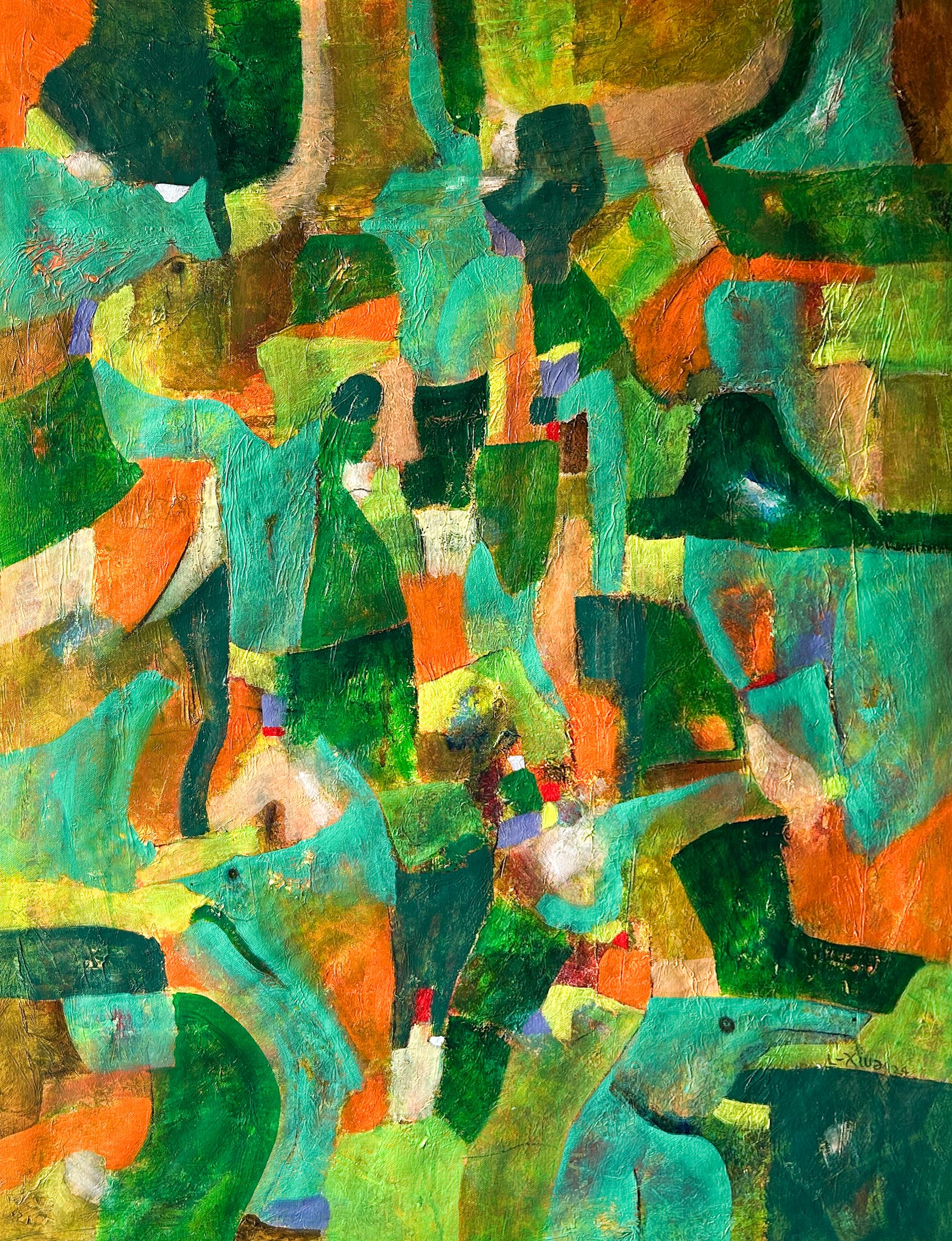 Abstract Painting di Luis Alexander Rodríguez (Ie-Xiua) - Pittura astratta contemporanea in verde e giallo su tela, "Senza titolo" 2024