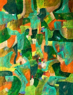 Pittura astratta contemporanea in verde e giallo su tela, "Senza titolo" 2024