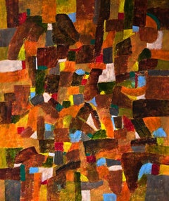 Peinture abstraite contemporaine sur toile en ocre, jaune, vert, sans titre 2024