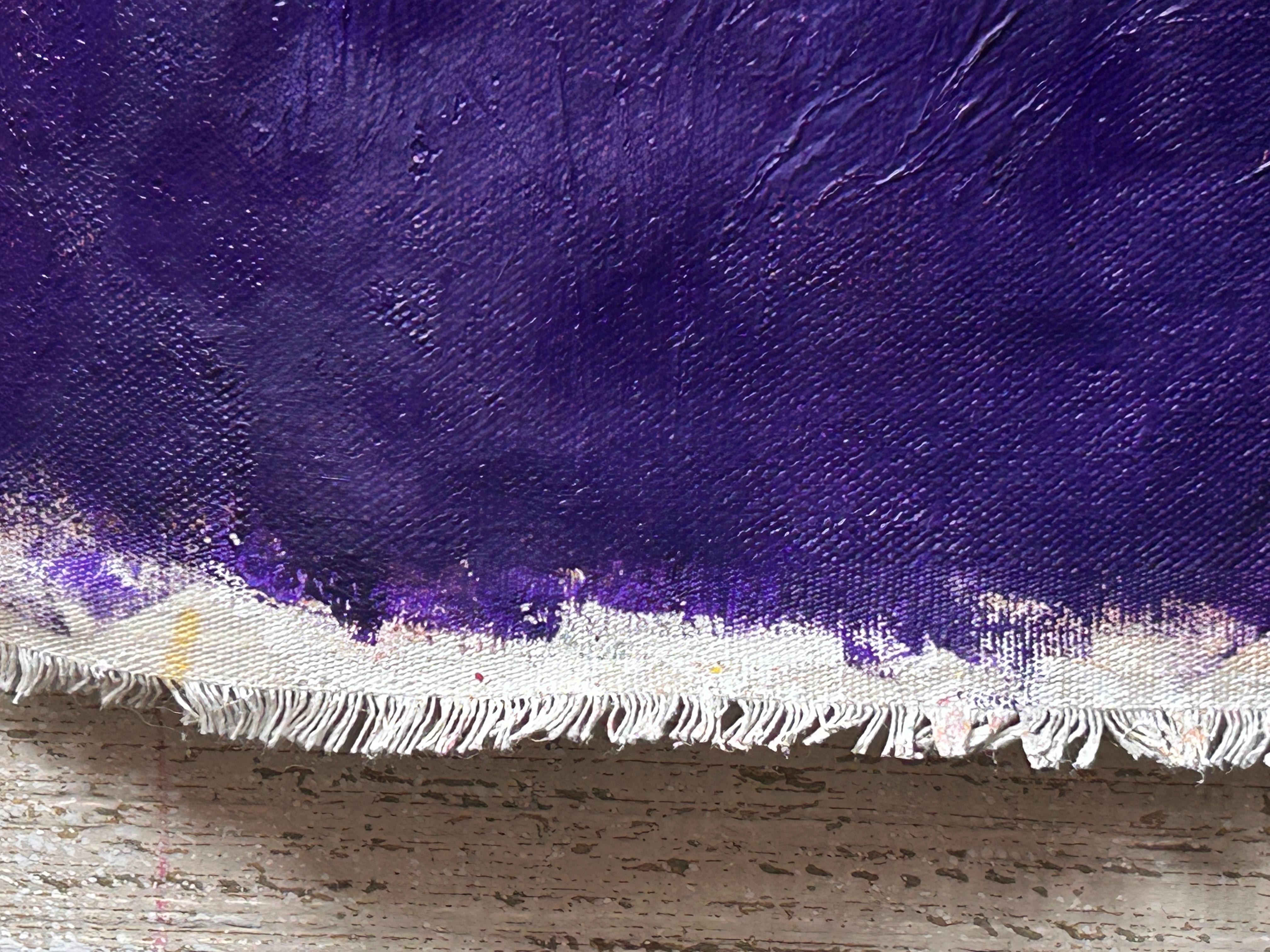 Zeitgenössische abstrakte Malerei auf Leinwand in Gelb und Blau Violett 