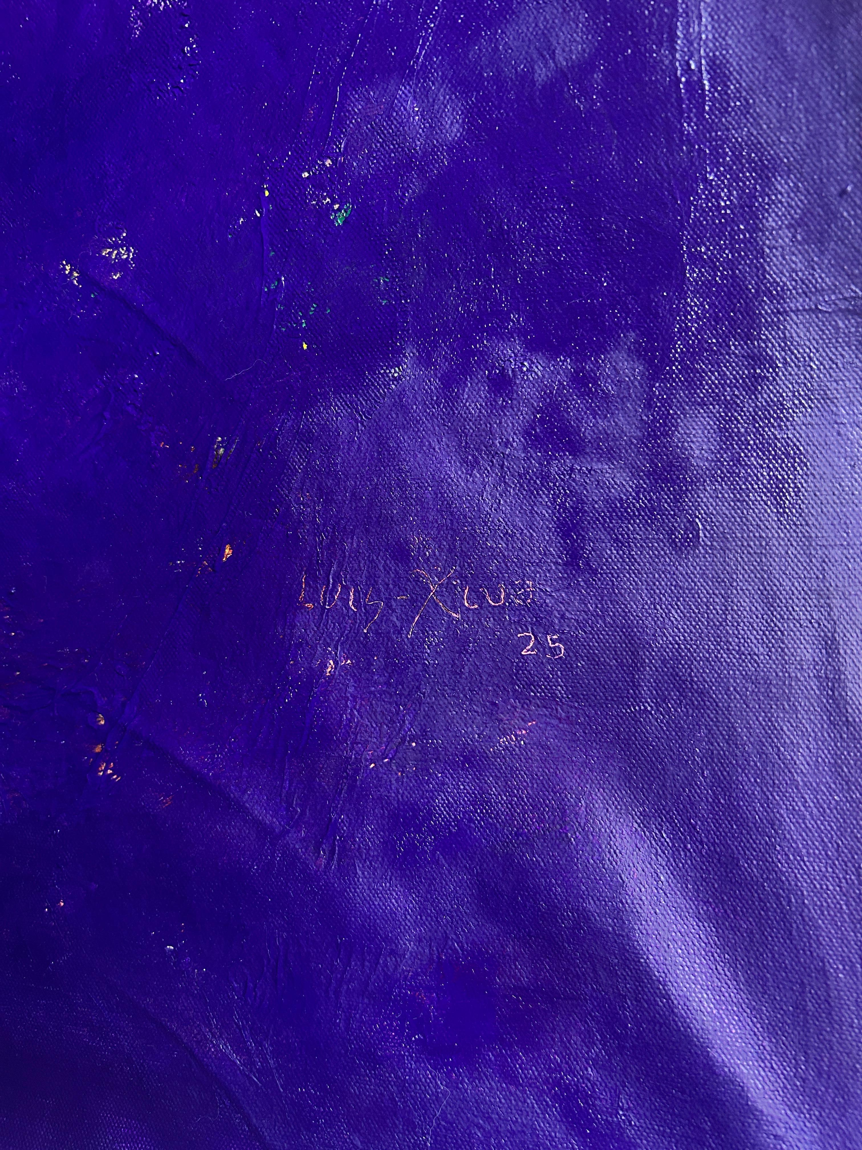 Zeitgenössische abstrakte Malerei auf Leinwand in Gelb und Blau Violett 