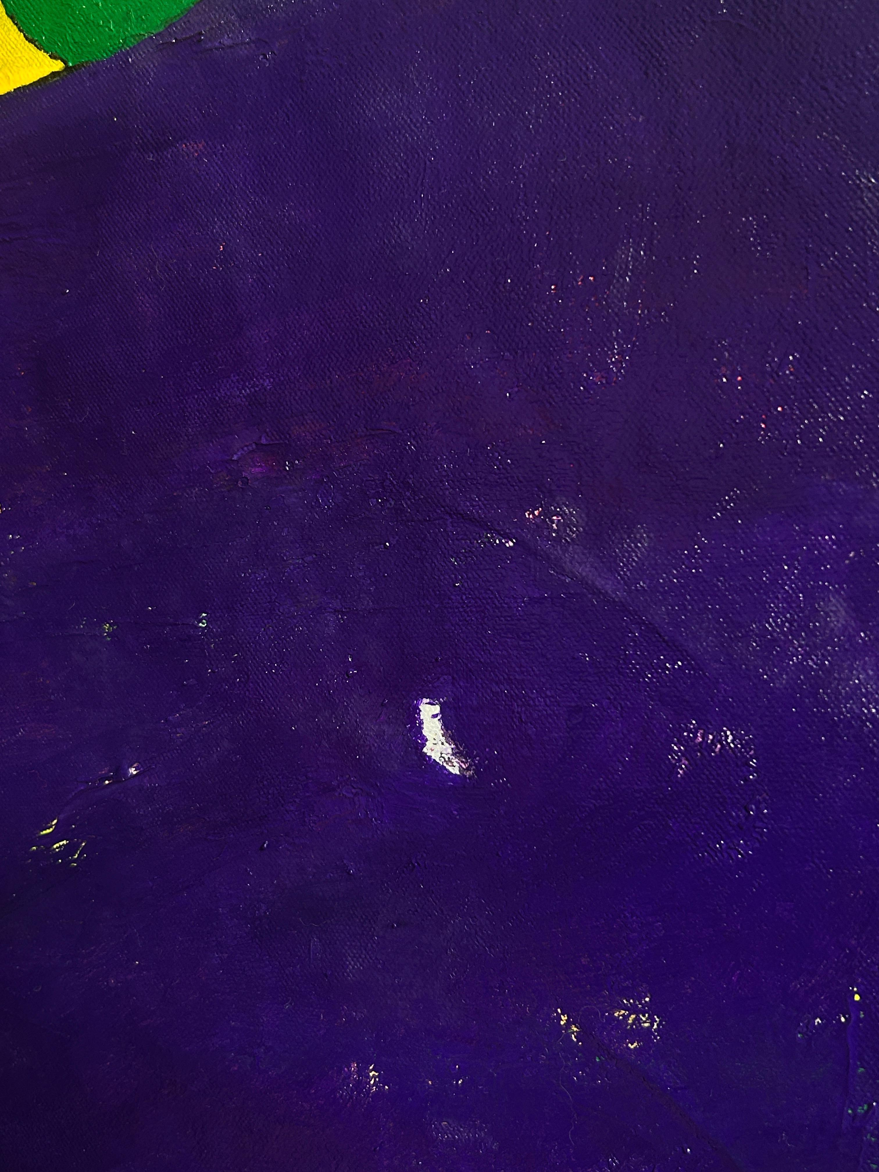 Zeitgenössische abstrakte Malerei auf Leinwand in Gelb und Blau Violett 