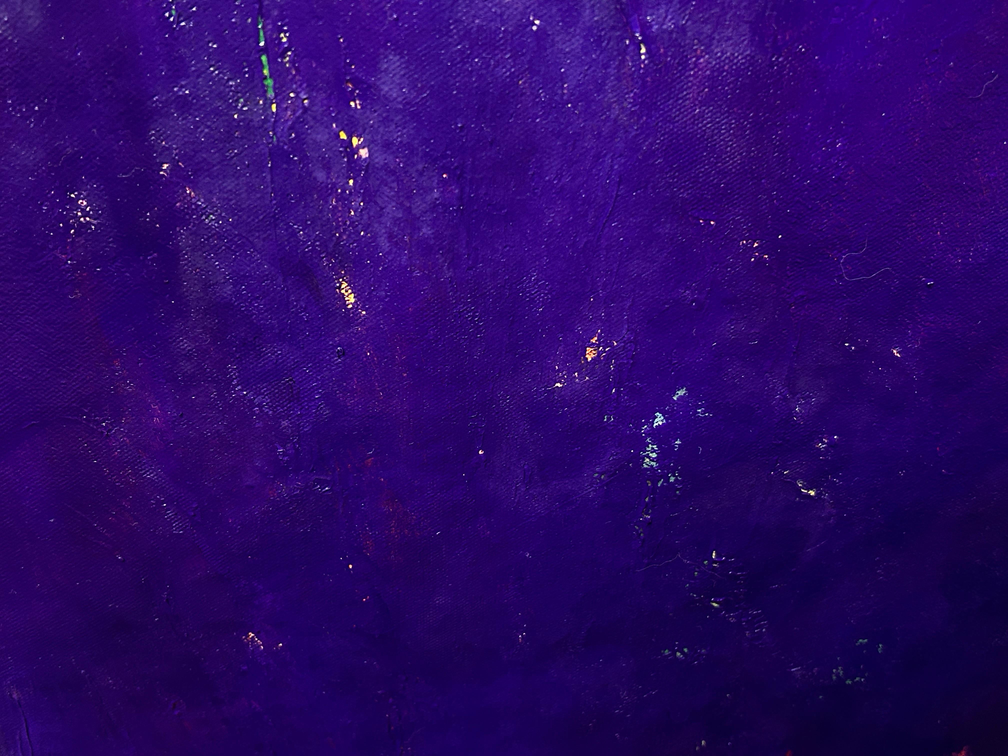 Zeitgenössische abstrakte Malerei auf Leinwand in Gelb und Blau Violett 