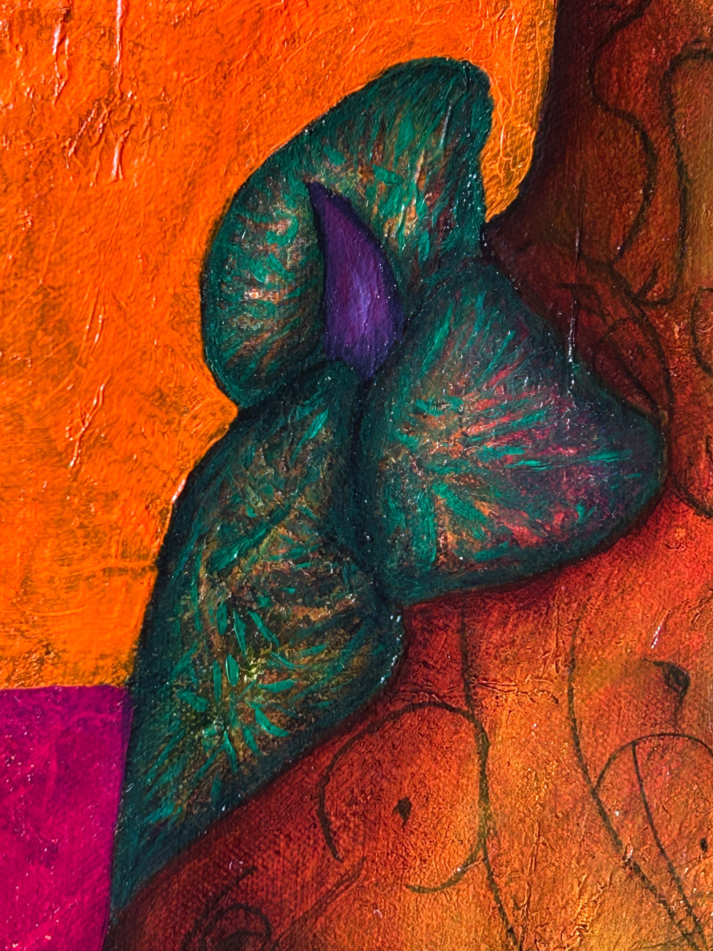 Contemporary Art, Oil on Canvas And Textures, Man-Animal And Flower. “The Gifts” For Sale 9