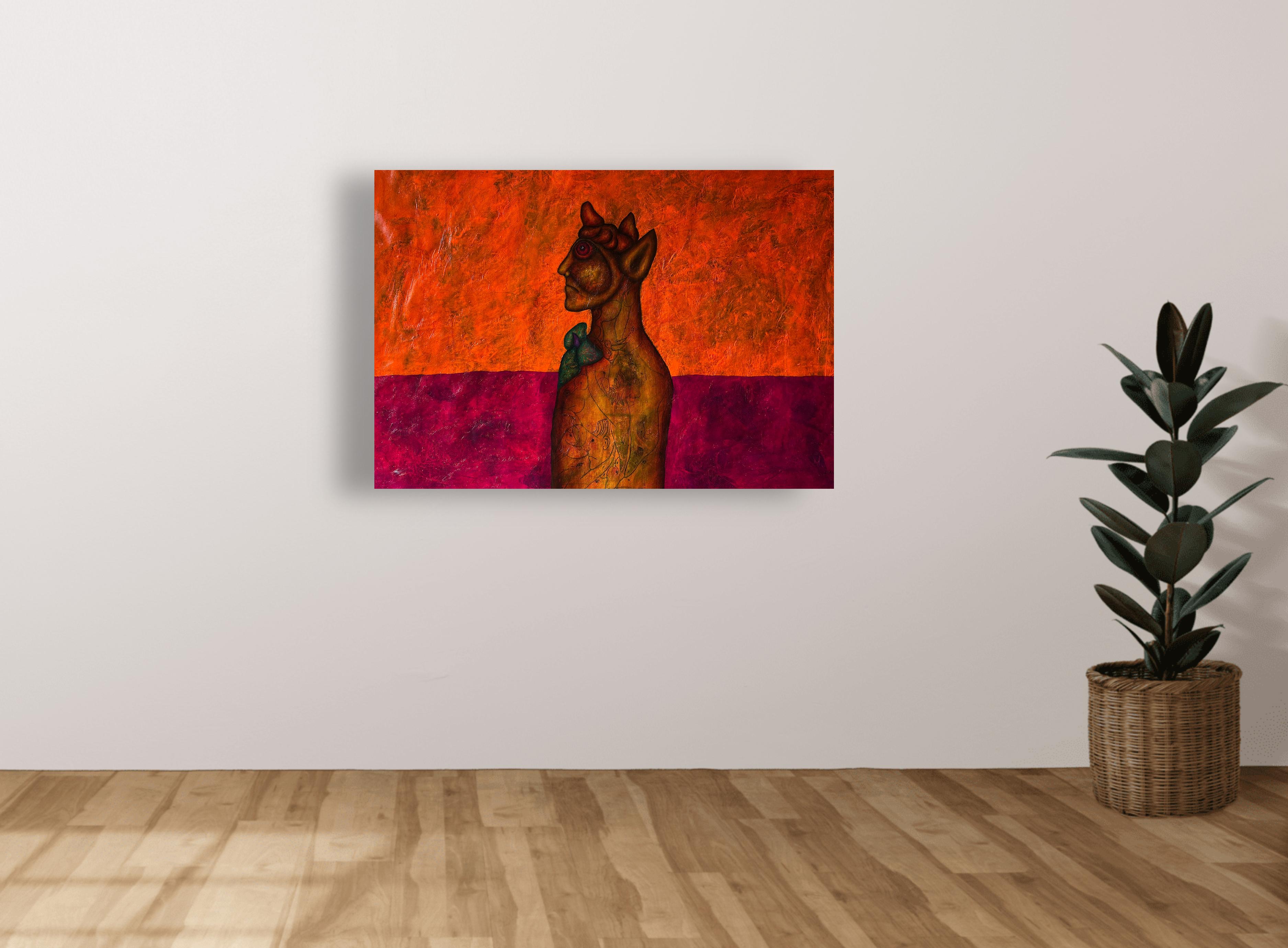 Contemporary Art, Oil on Canvas And Textures, Man-Animal And Flower. “The Gifts” - Painting by Luis Alexander Rodríguez (Ie-Xiua)
