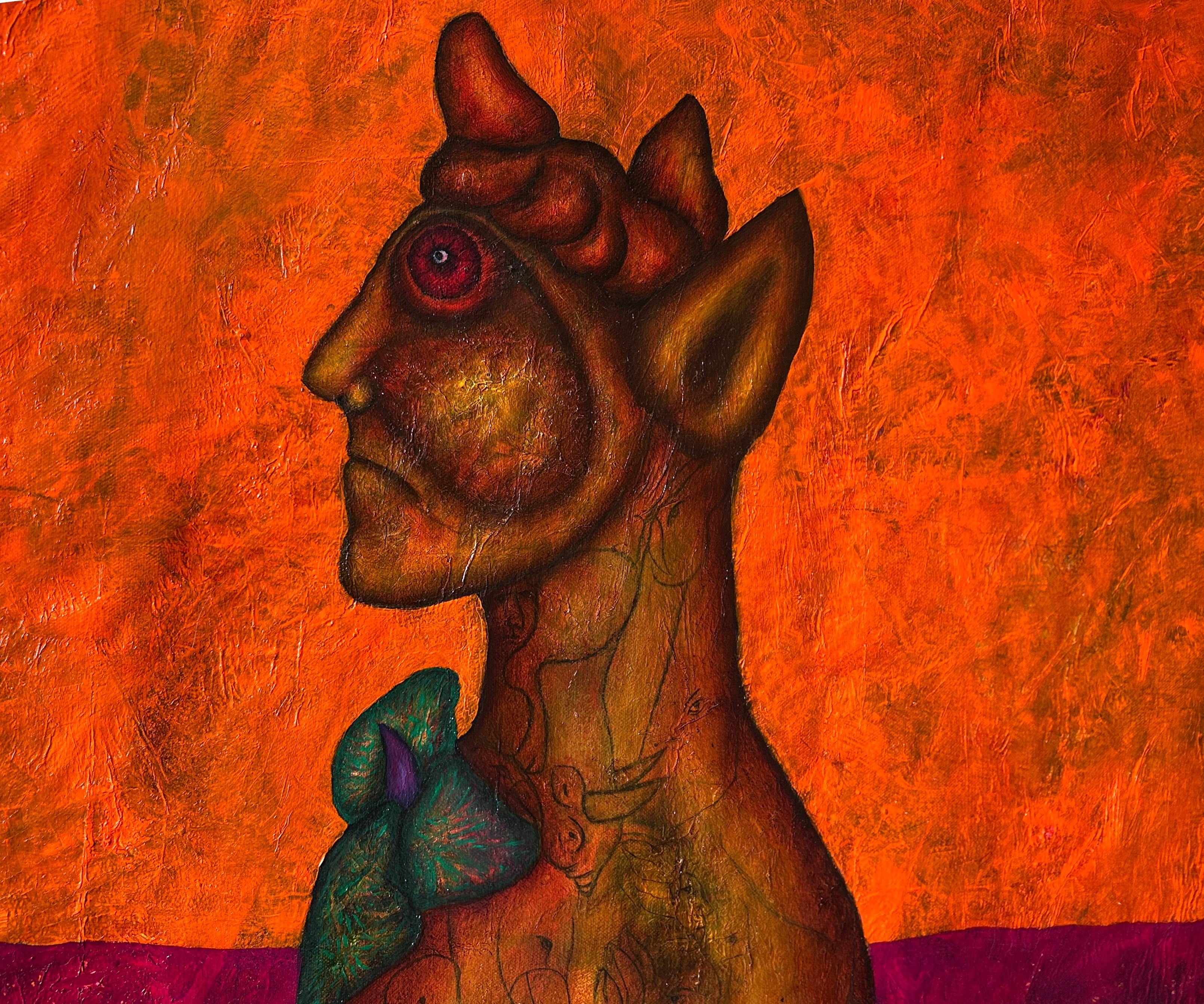 Contemporary Art, Oil on Canvas And Textures, Man-Animal And Flower. “The Gifts” - Red Figurative Painting by Luis Alexander Rodríguez (Ie-Xiua)